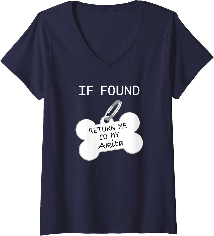Women's If Found Return Me to My Akita V-Neck T-Shirt - Navy Blue