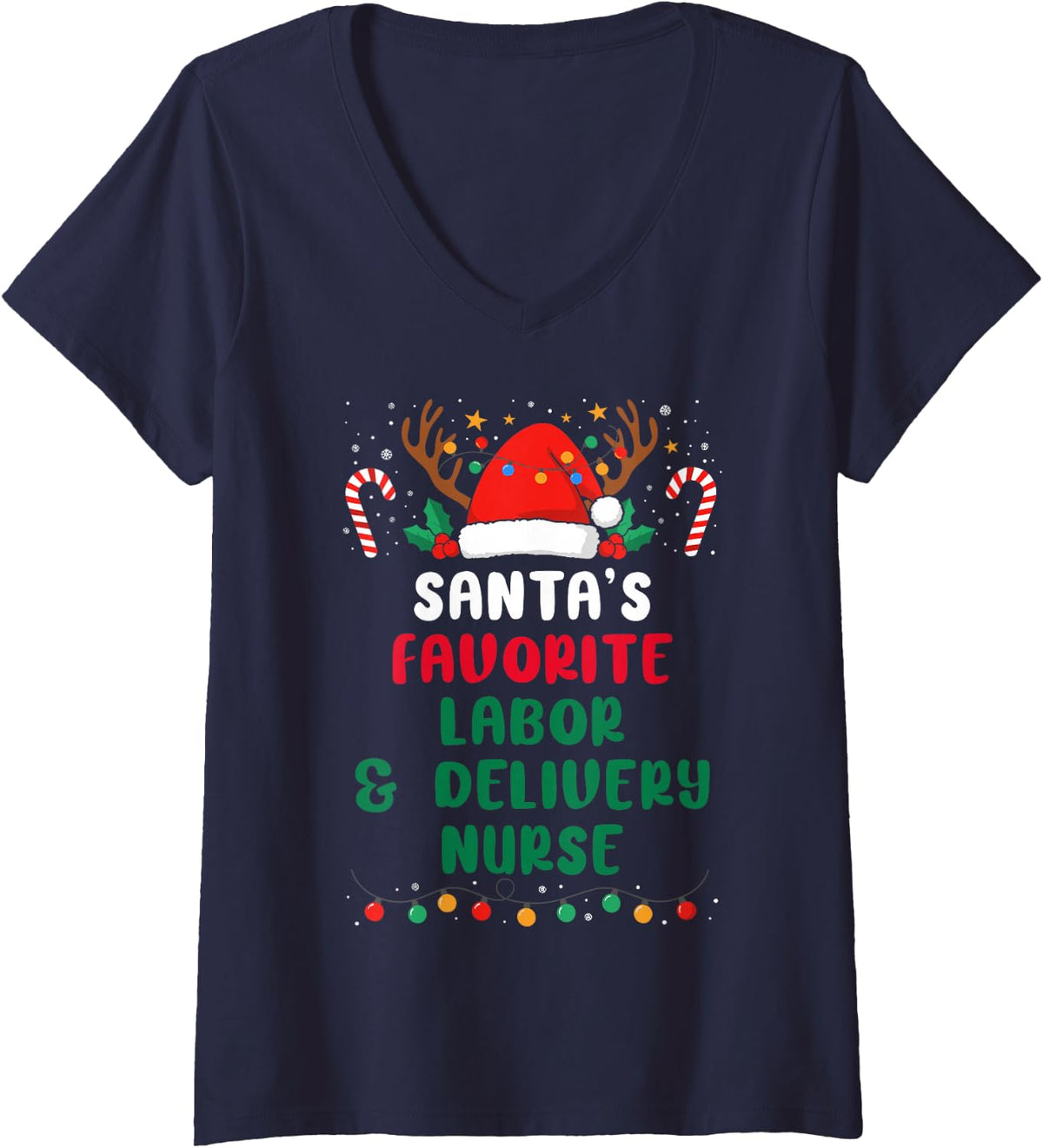 Women's Santa's Favorite Labor & Delivery Nurse - Funny Christmas V-Neck T-Shirt - Navy Blue