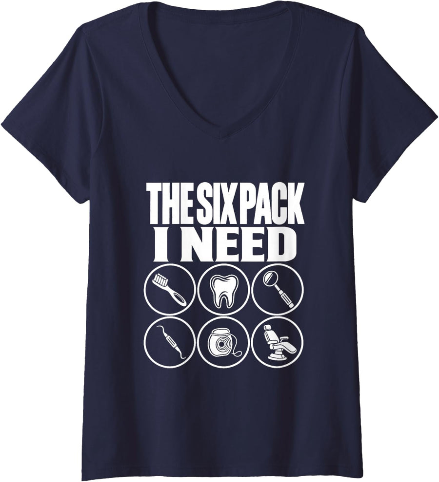 Women's The Six Pack I Need Dental Hygienist Funny Pun Dental Care V-Neck T-Shirt - Navy Blue