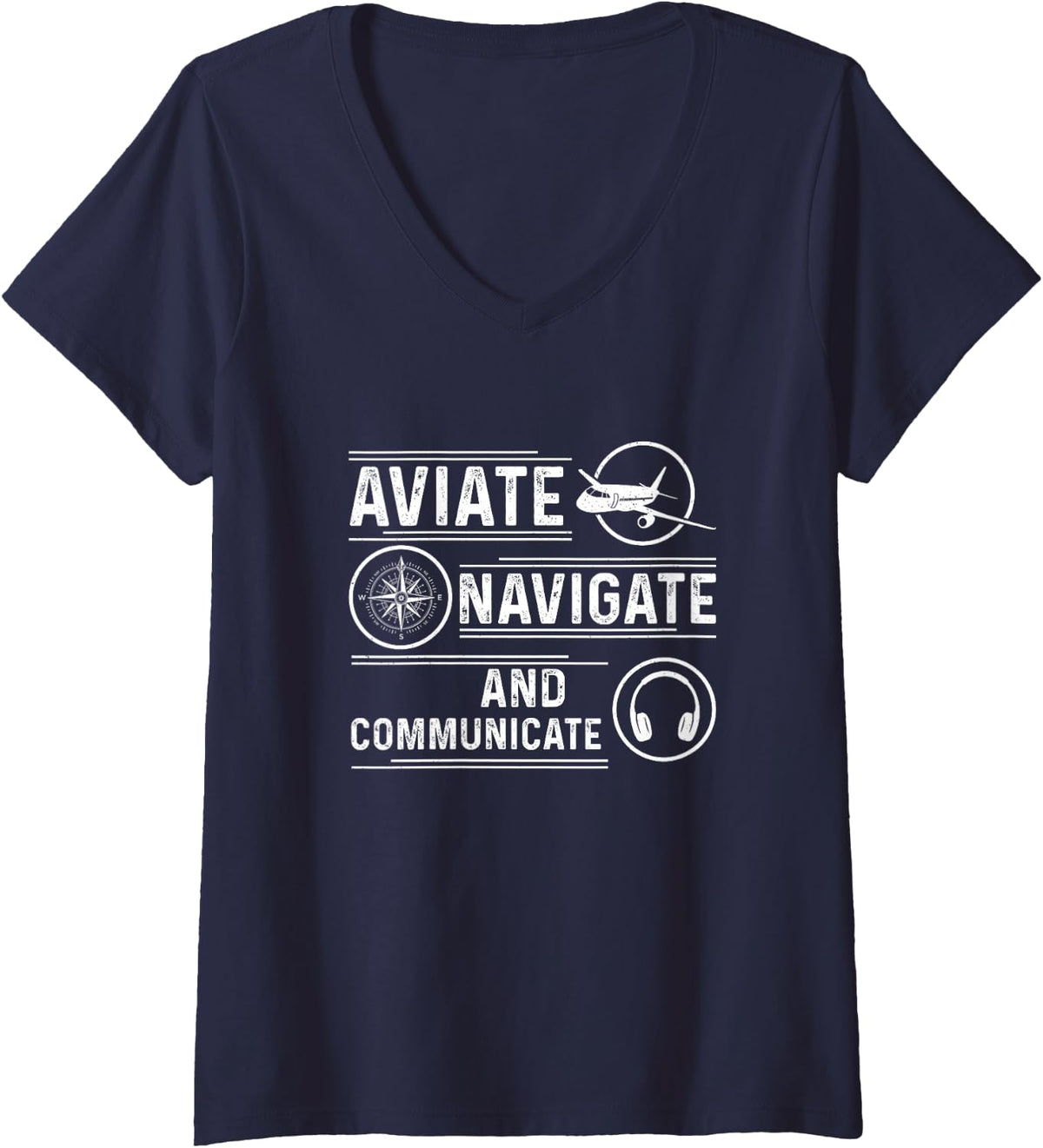 Women's Fly, Navigate and Communicate Aviation V-Neck T-Shirt - Navy Blue