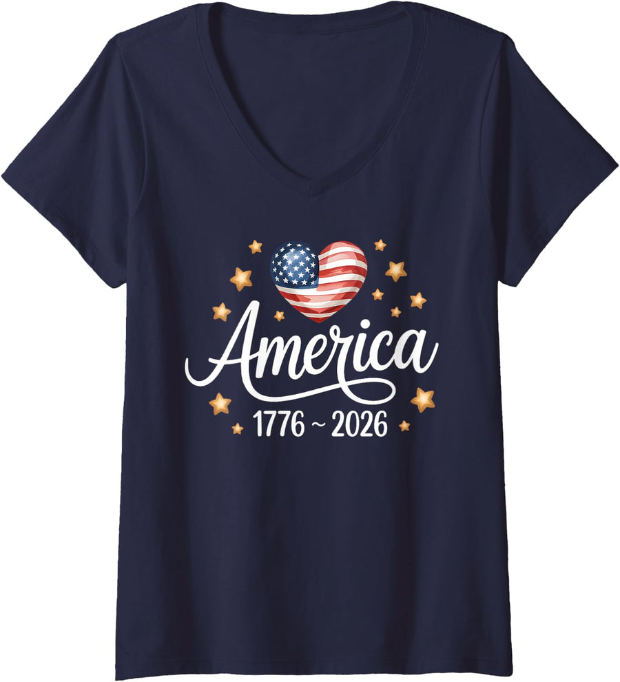 Womens Pretty Flag Heart 1776 2026 July 4th 250th Birthday V-Neck T-Shirt - Navy Blue