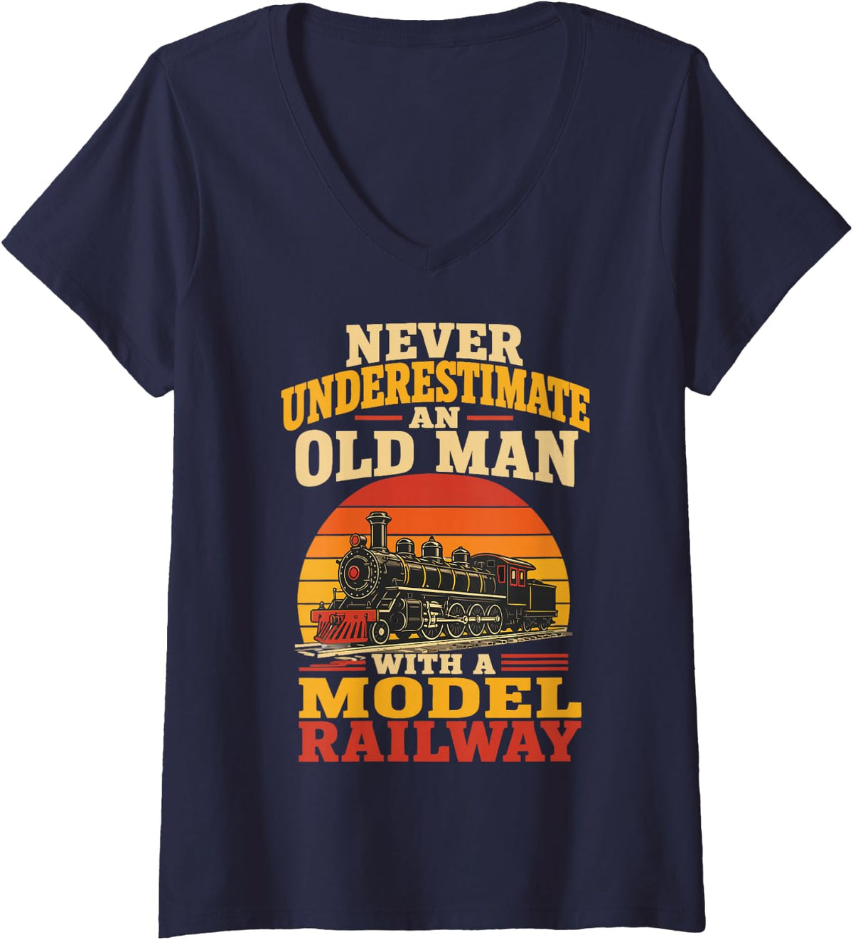 Women's Model Railway Dad Hobby Train Collector Father Railroad V-Neck T-Shirt - Navy Blue