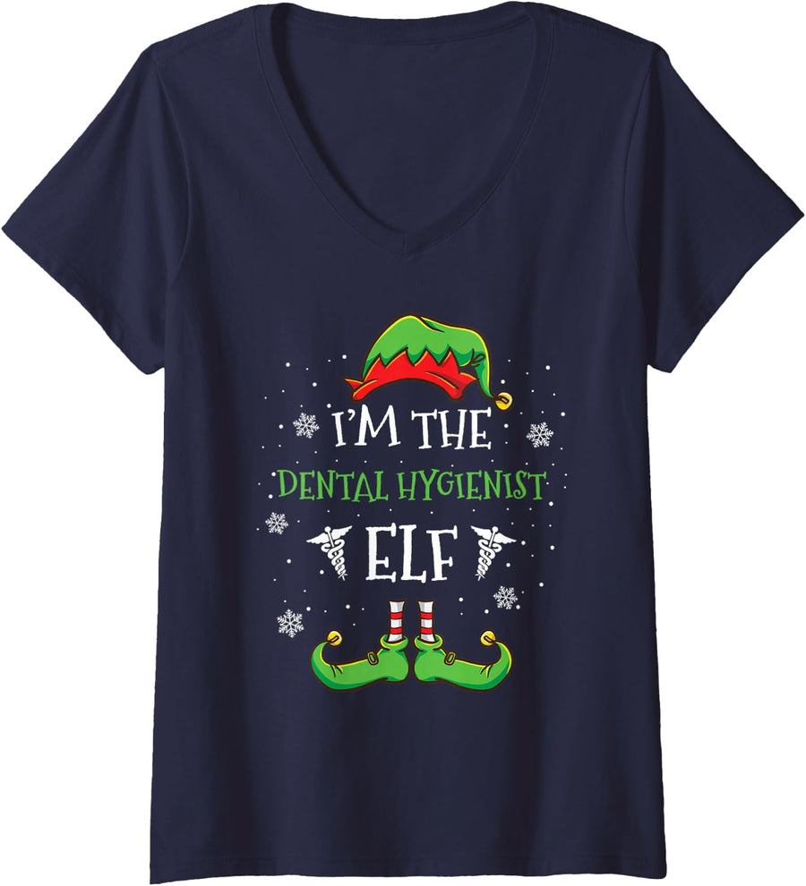 Women's Im The Dental Hygienist Elf Christmas V-Neck T-Shirt - Navy Blue
