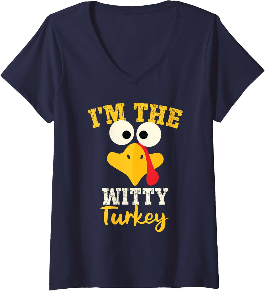 Women's I'm Witty Turkey Family Matching Thanksgiving Group Party V-Neck T-Shirt - Navy Blue