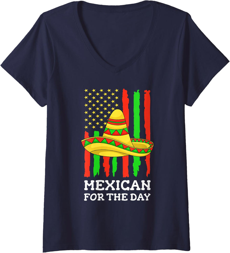 Women's Mexican for The Day Funny American Cinco De Mayo Sombrero V-Neck T-Shirt - Navy Blue