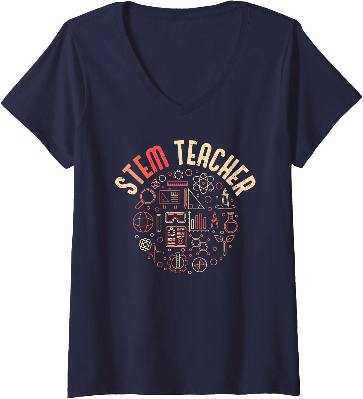 Women's STEM Teacher - Science Technology Math - Distressed Design V-Neck T-Shirt - Navy Blue