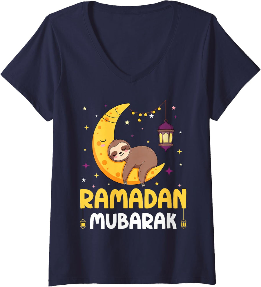 Women's Happy Ramadan Mubarak Sloth Boys Girls Kids Ramadan Month V-Neck T-Shirt - Navy Blue