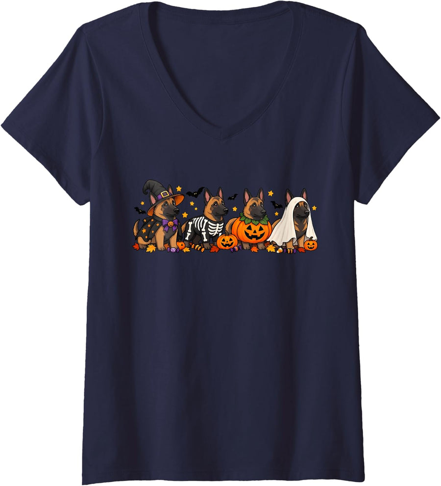 Women's Belgian Malinois Ghost Pumpkin Dog Lovers Halloween Costume V-Neck T-Shirt - Navy Blue