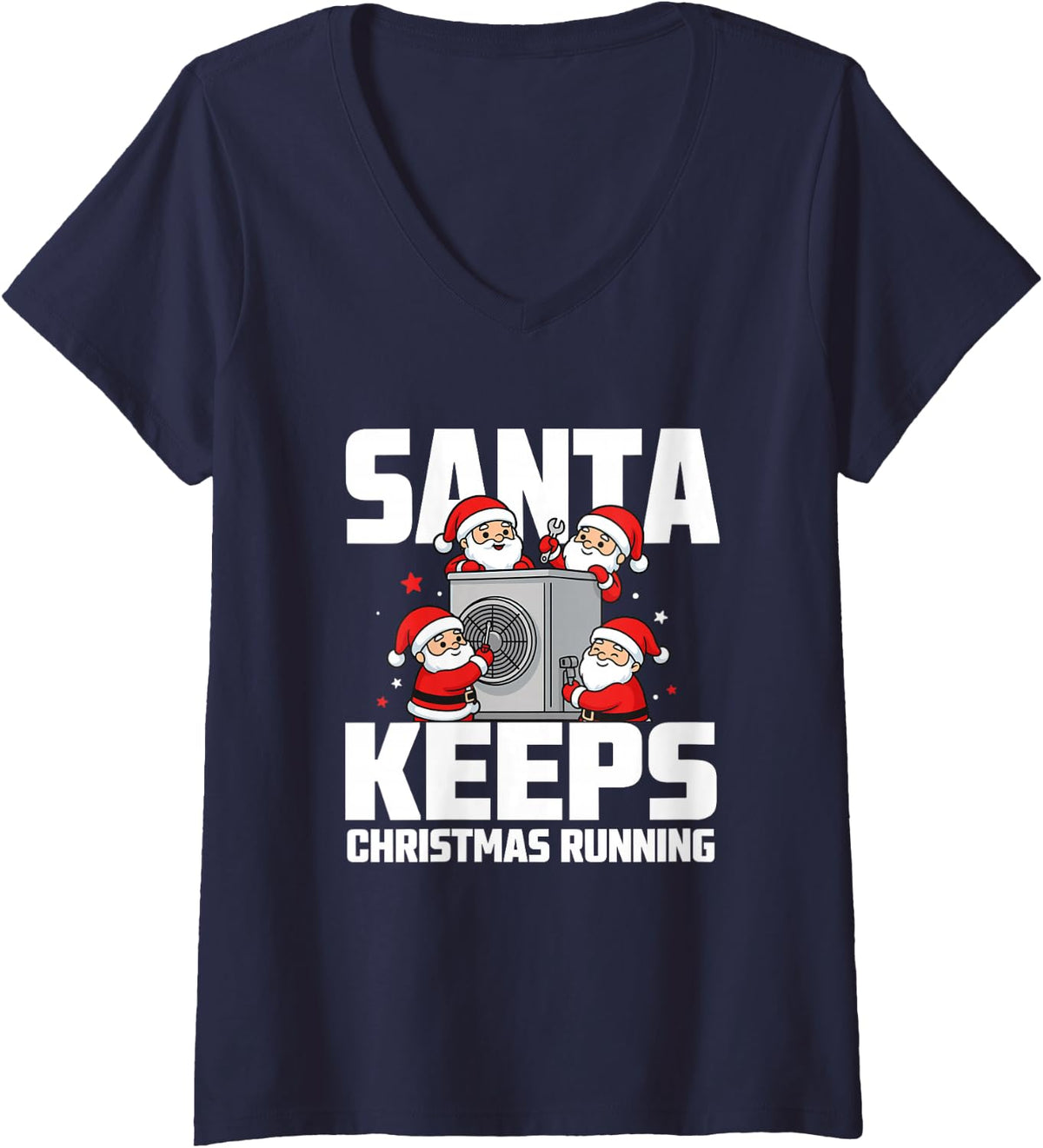 Women's HVAC Tech Santa Claus Costume Christmas Technician Worker V-Neck T-Shirt - Navy Blue