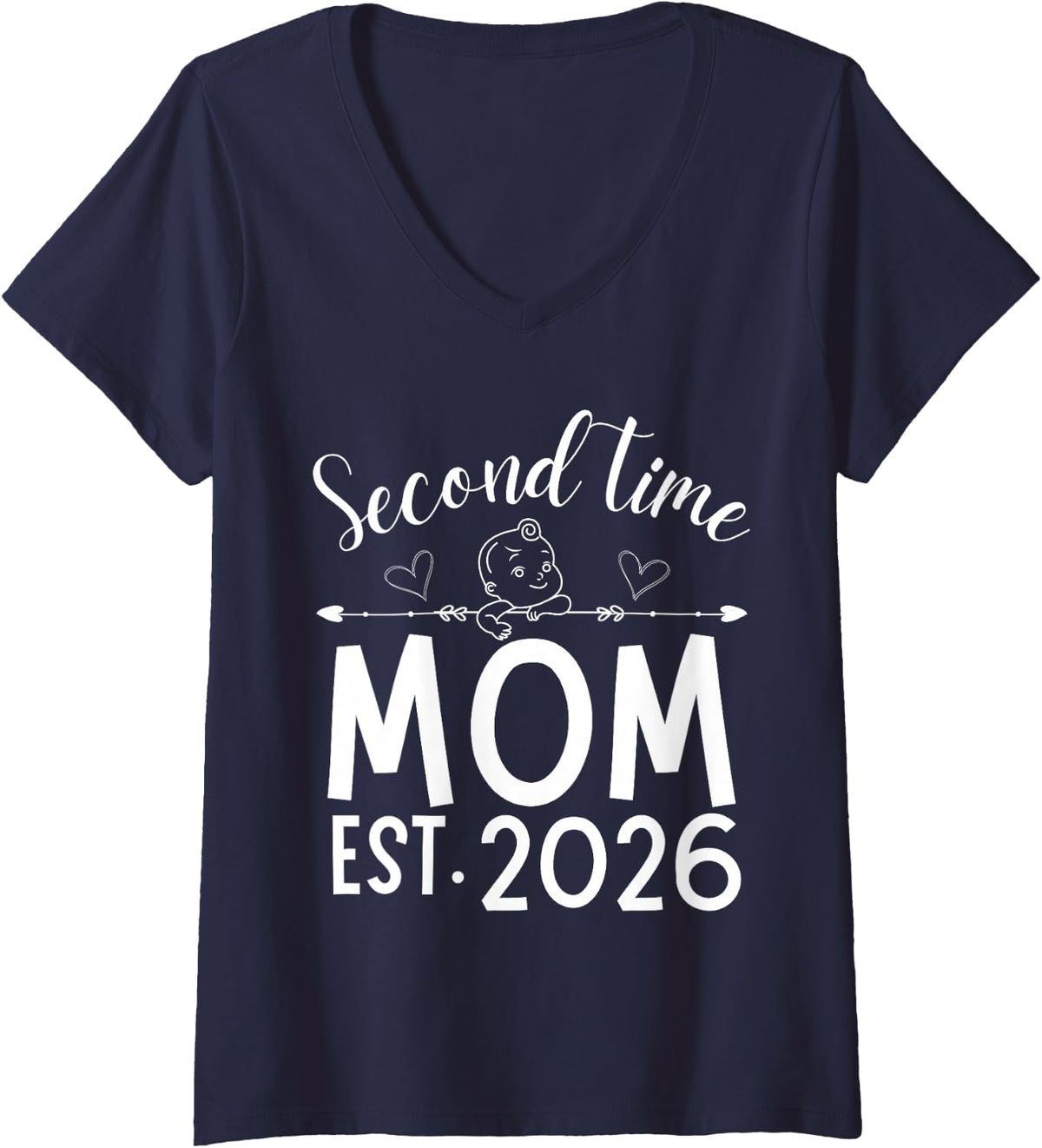 Women's Second Time Mom Est. 2026 Pregnancy Announcement Baby Mommy V-Neck T-Shirt - Navy Blue