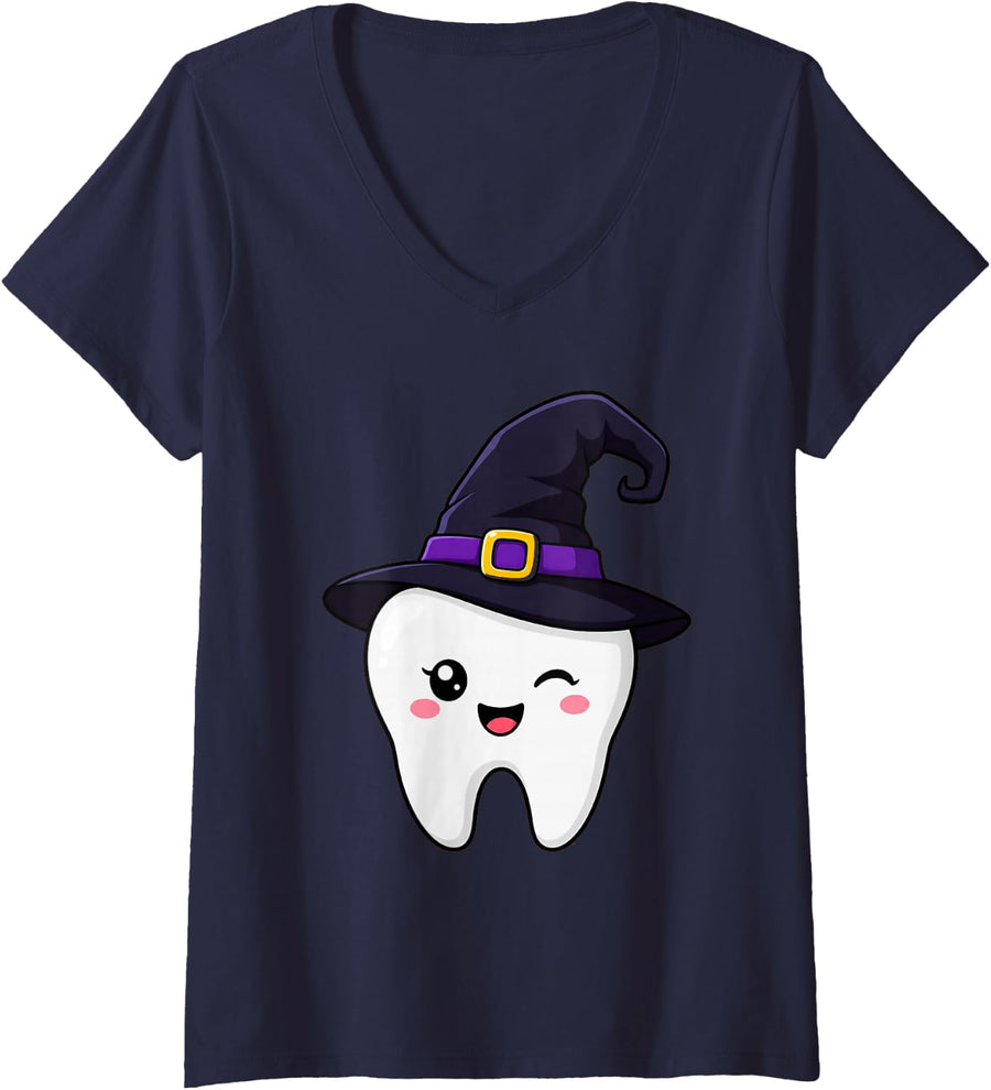 Women's Cute Tooth Witch Hat Dental Healthcare Dentist Halloween V-Neck T-Shirt - Navy Blue