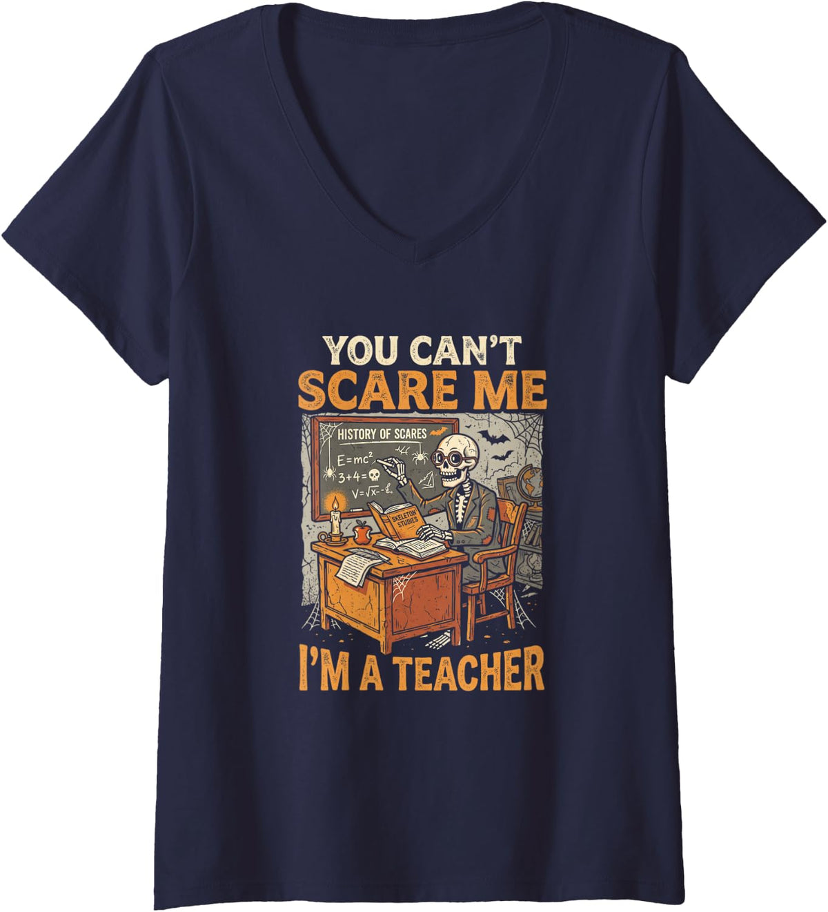 Women's You Can't Scare Me I'm A Teacher Halloween Ghost V-Neck T-Shirt - Navy Blue