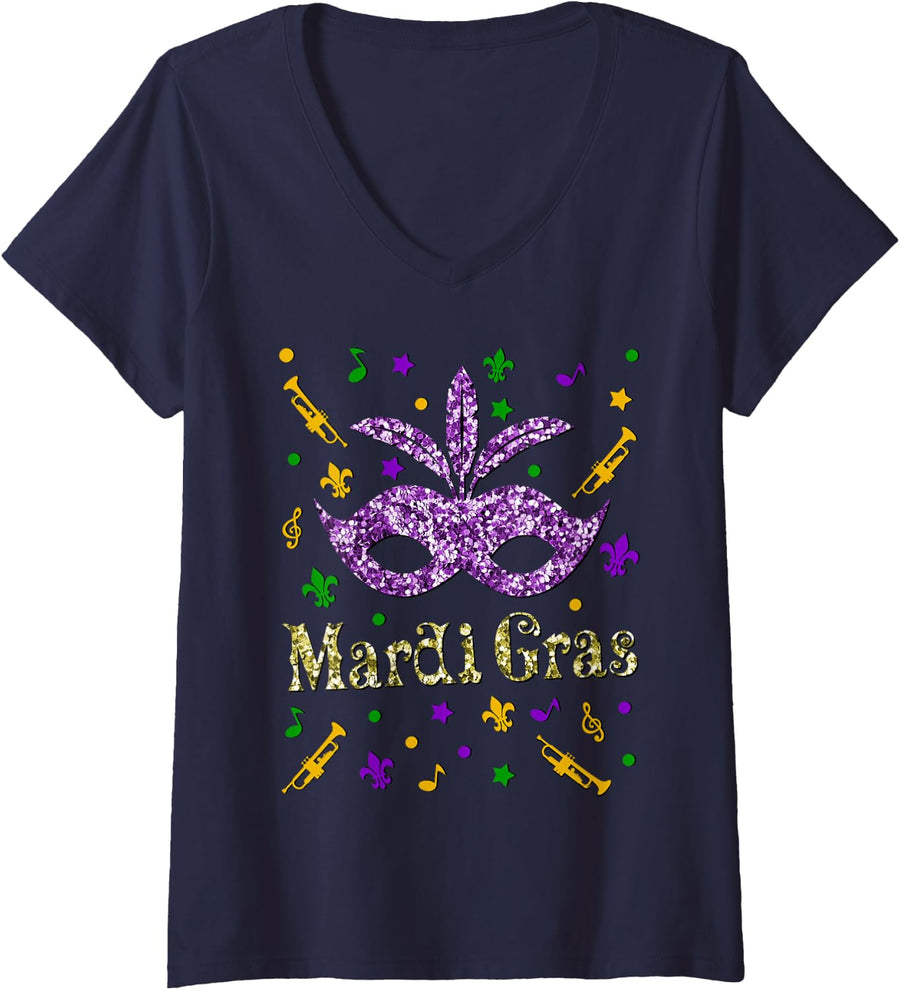 Womens Mardi Gras 2025 - Women Girls New Orleans Mask Beads Party V-Neck T-Shirt - Navy Blue