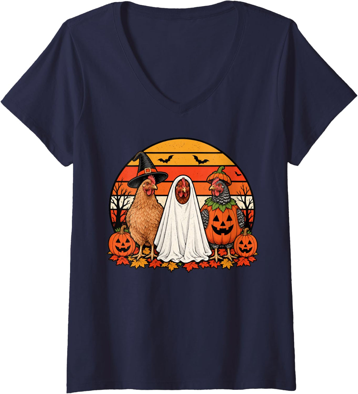 Women's Spooky Chicken Pumpkin Ghost Halloween V-Neck T-Shirt - Navy Blue