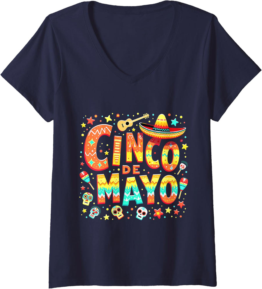 Women's Cinco de Mayo Fiesta Mexican V-Neck T-Shirt - Navy Blue
