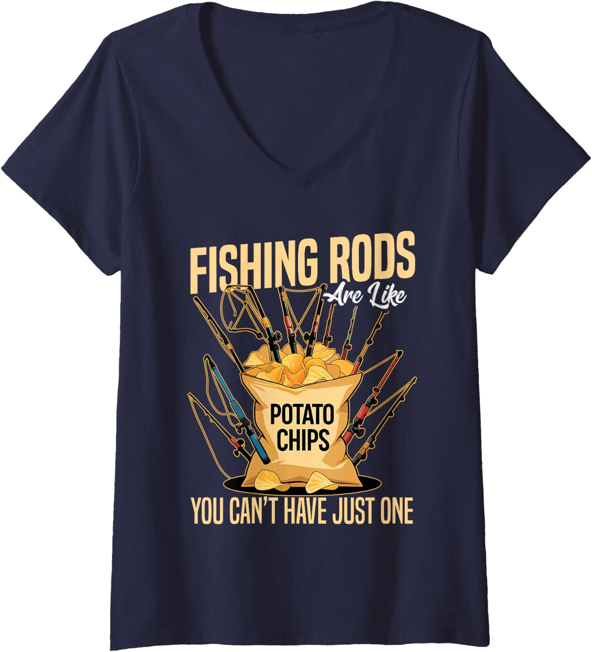 Women's Cast and Catch Fishing Rods are Like Potato Chips V-Neck T-Shirt - Navy Blue