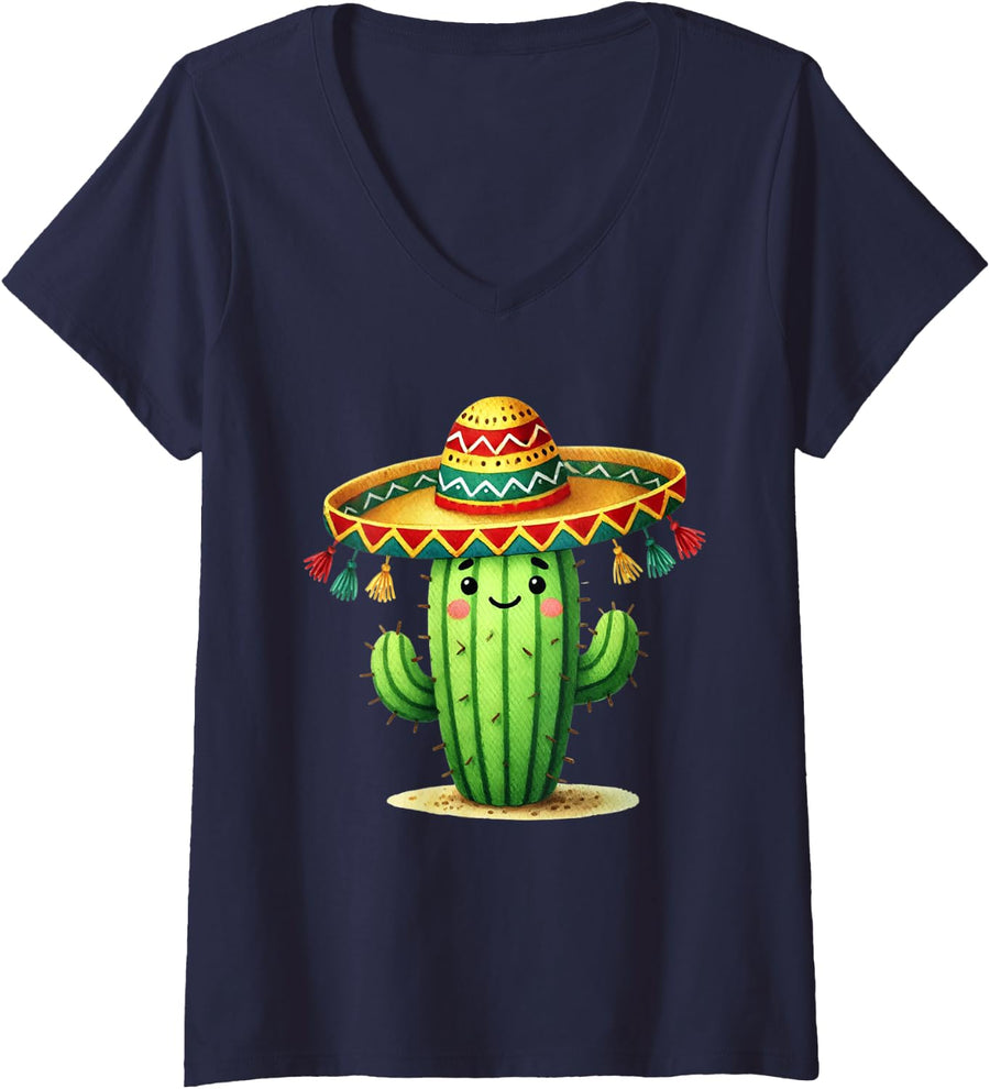 Women's Funny Cactus Cinco de Mayo Boys Toddler Kids Mexican Fiesta V-Neck T-Shirt - Navy Blue