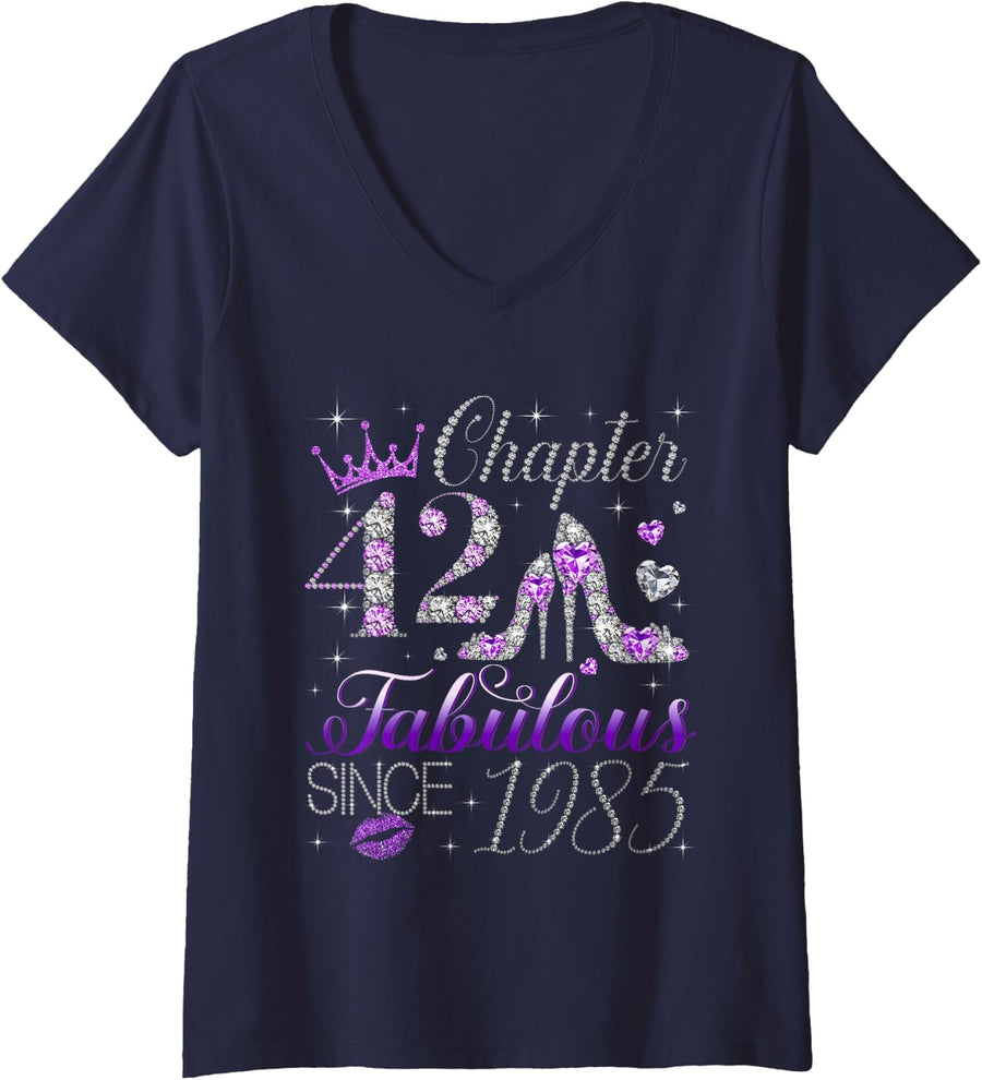 Women's Chapter 42 Fabulous Since 1985 42nd Birthday Women Girls V-Neck T-Shirt - Navy Blue