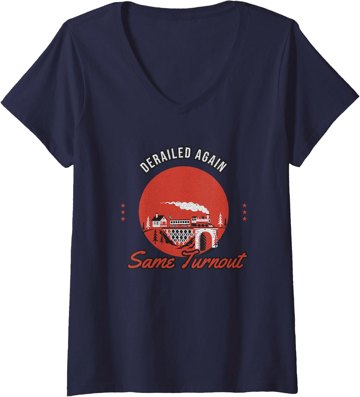 Women's Model Railroad - Derailed Again Same Turnout V-Neck T-Shirt - Navy Blue