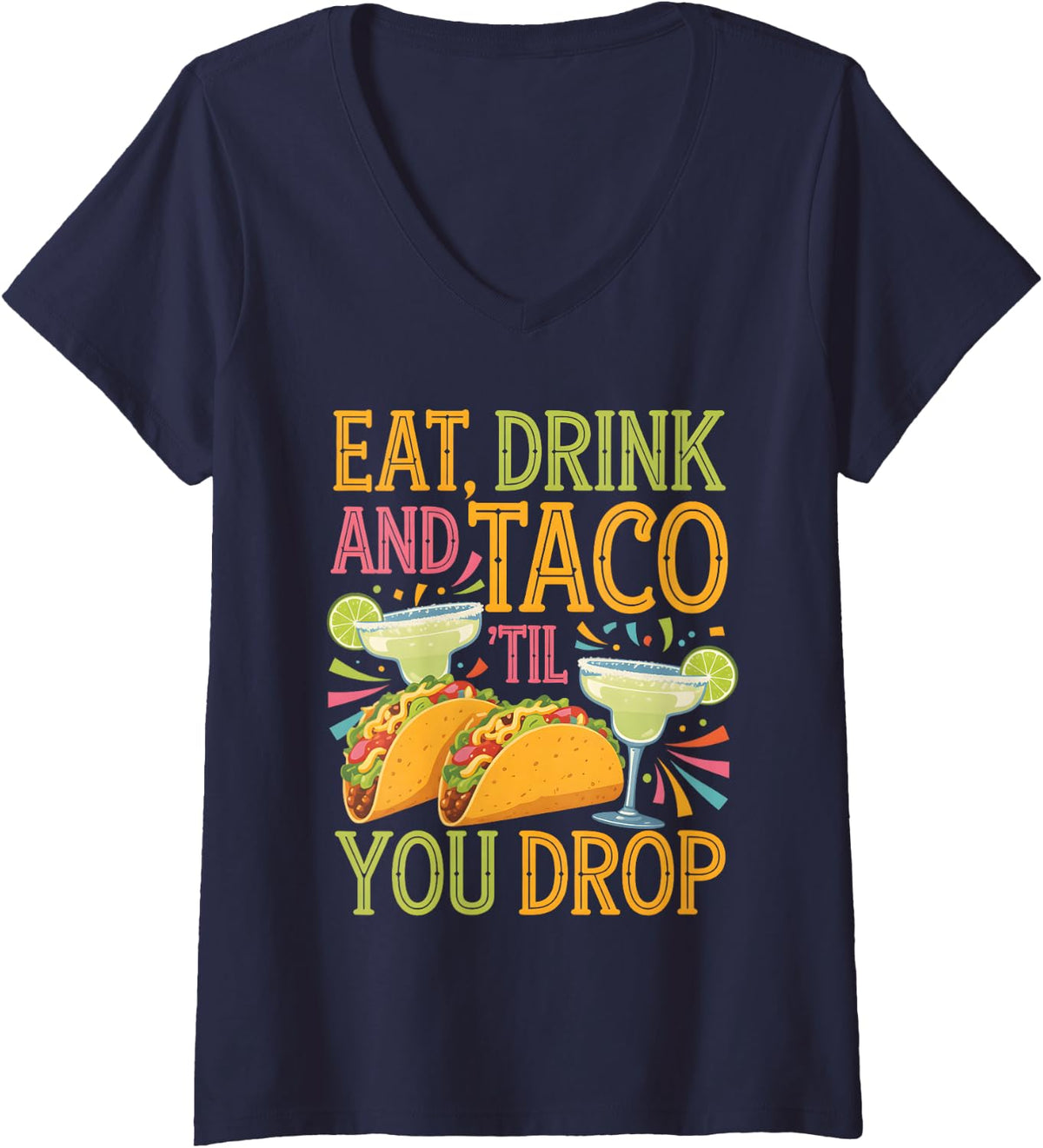 Women's Tacos and Tequila Mexican Party Taco Lover V-Neck T-Shirt - Navy Blue