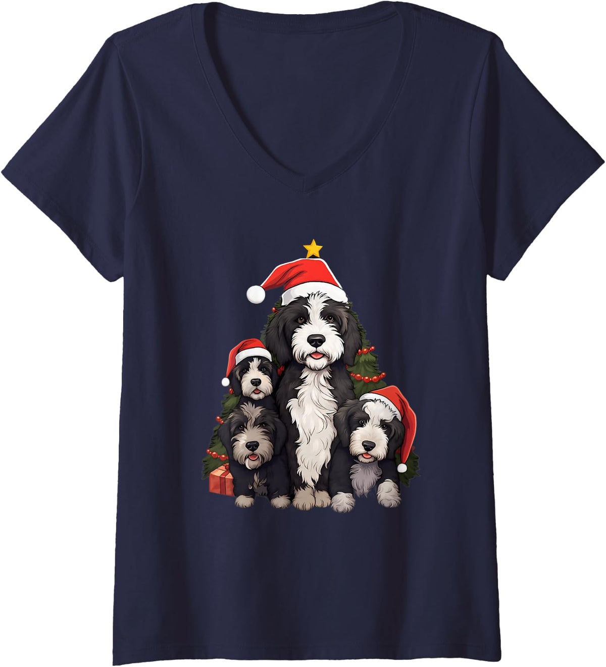Women's Xmas Sheepadoodle Dog Pile Up Christmas Tree V-Neck T-Shirt - Navy Blue