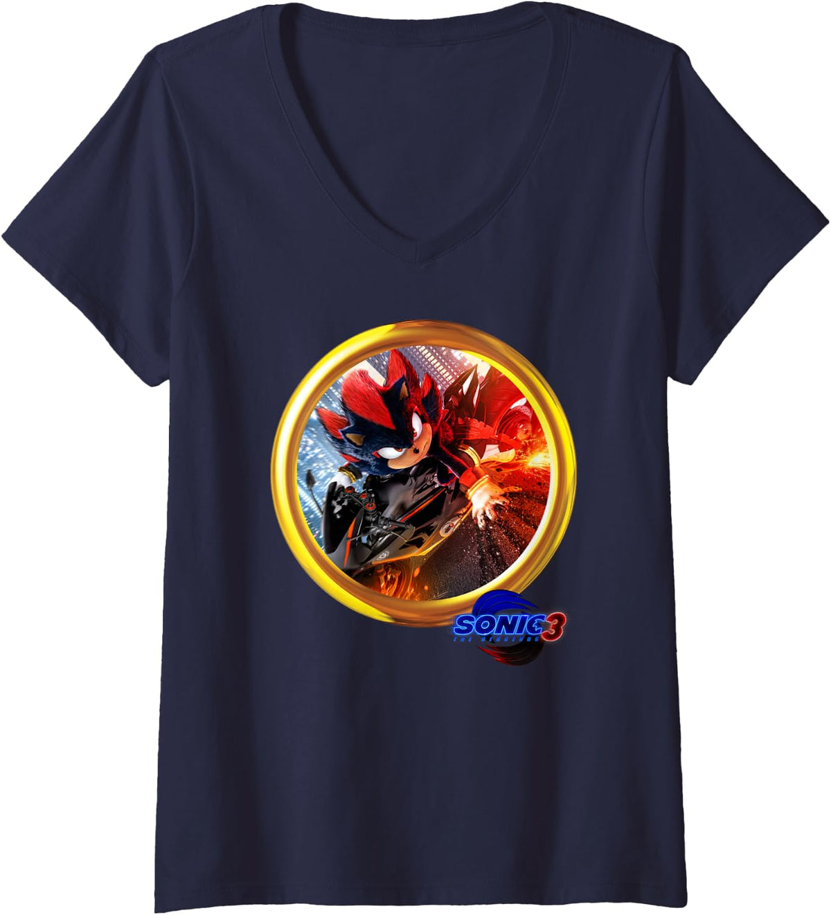 Womens Sonic the Hedgehog 3 - Shadow Motorcycle V-Neck T-Shirt - Navy Blue