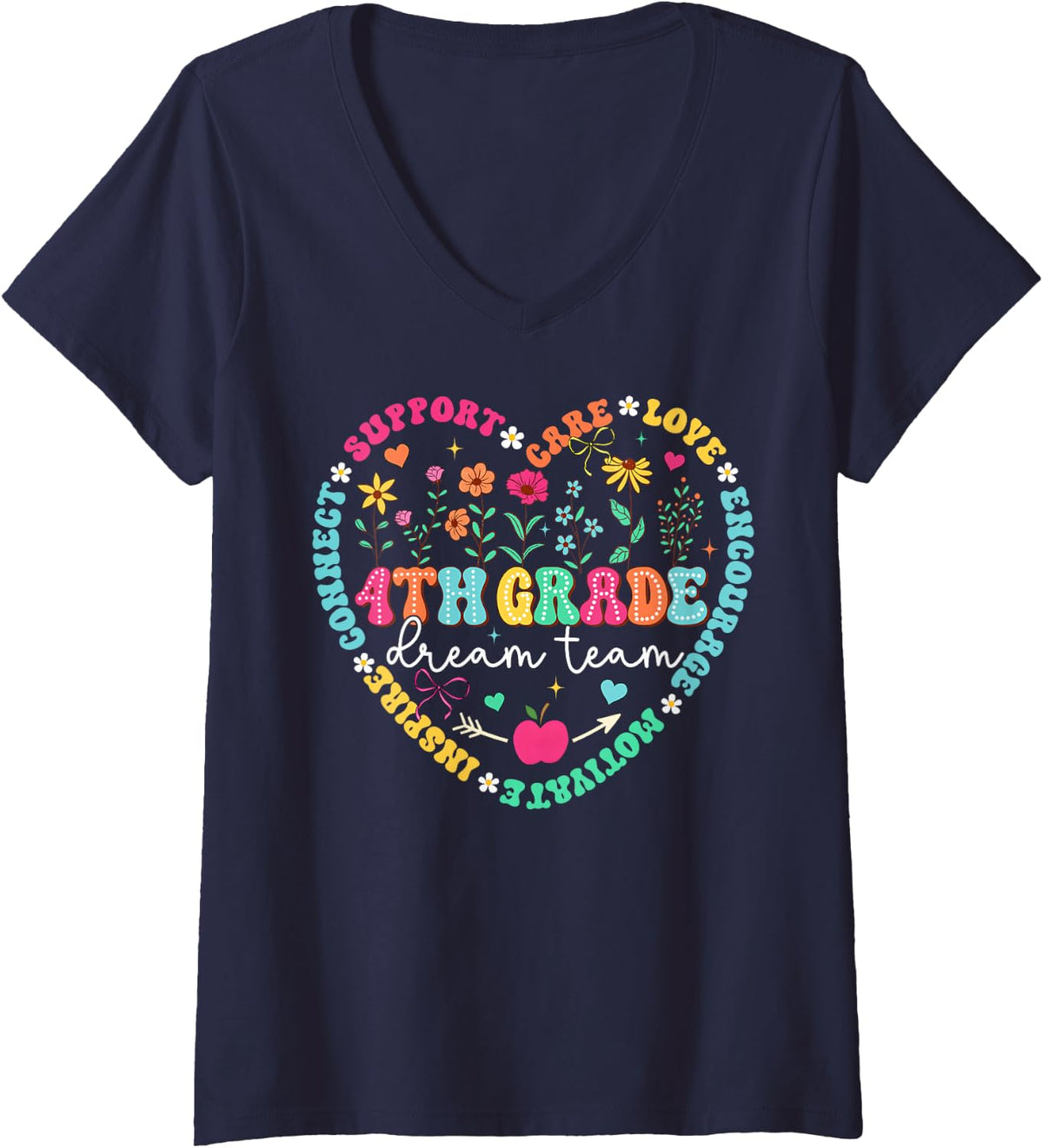 Women's 4th Grade Dream Team Floral Back to School Student Teacher V-Neck T-Shirt - Navy Blue