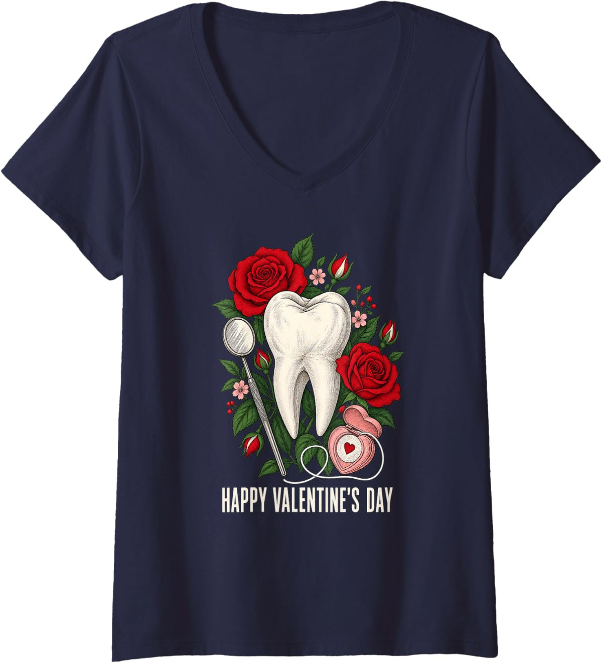 Women's Happy Valentine's Day Dentist Tooth Roses V-Neck T-Shirt - Navy Blue