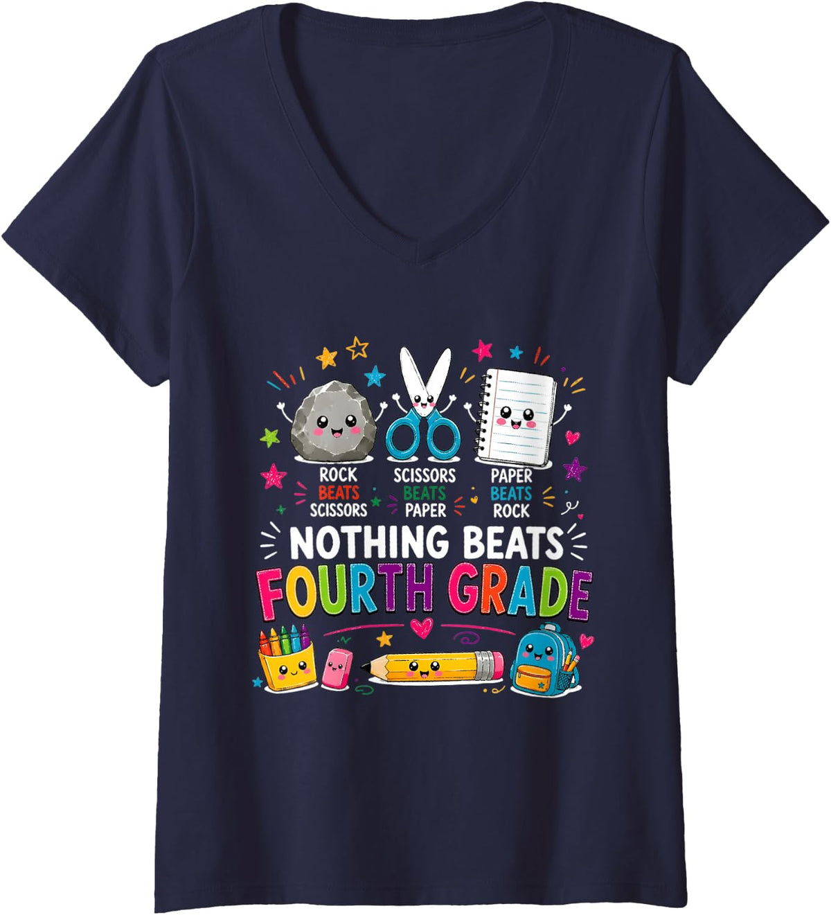 Women's Nothing Beats 4th Grade Back to School Rock Paper Scissors V-Neck T-Shirt - Navy Blue
