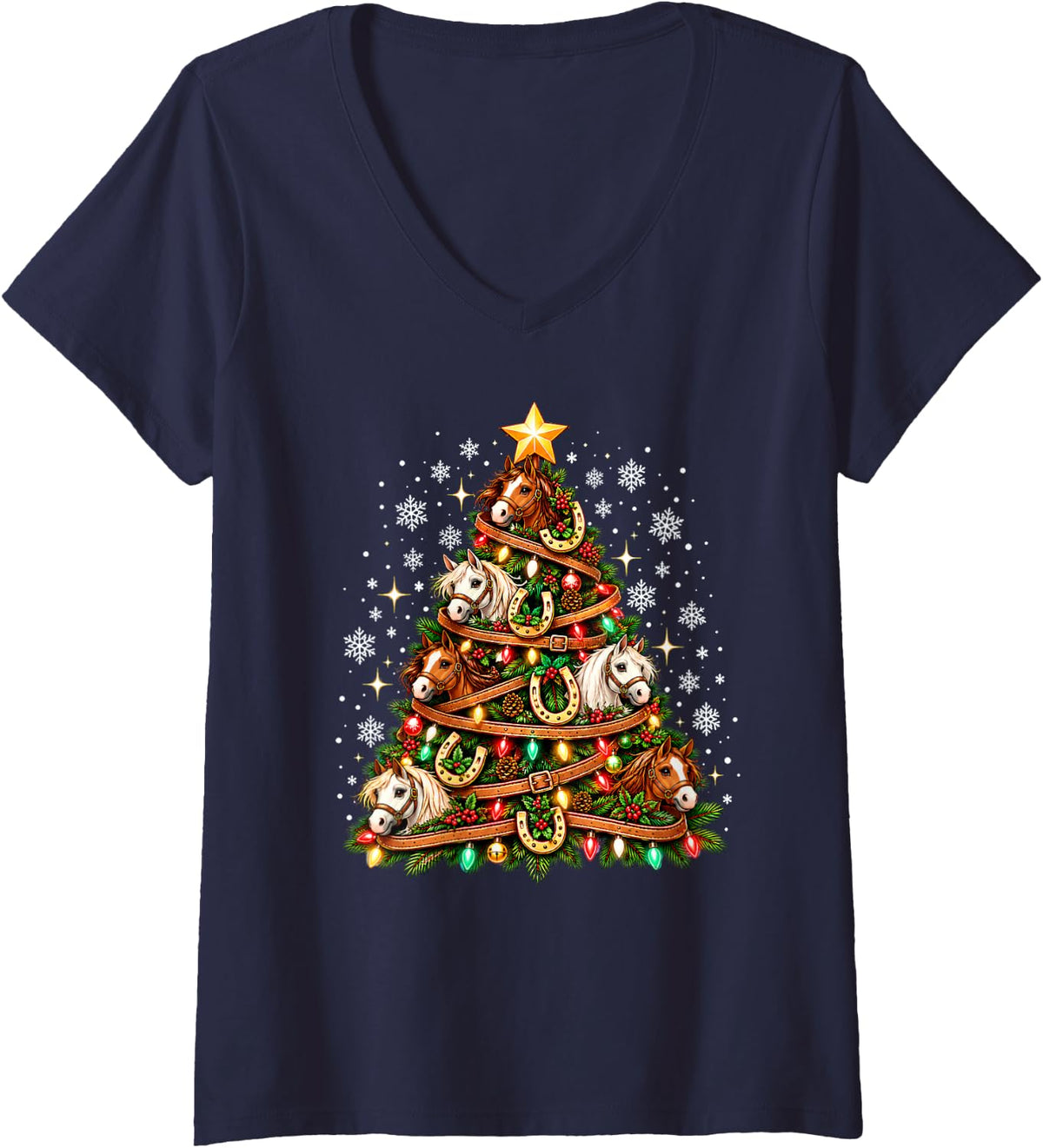Women's Horse Christmas Tree Xmas Santa Holiday Horses Lover Pajama V-Neck T-Shirt - Navy Blue