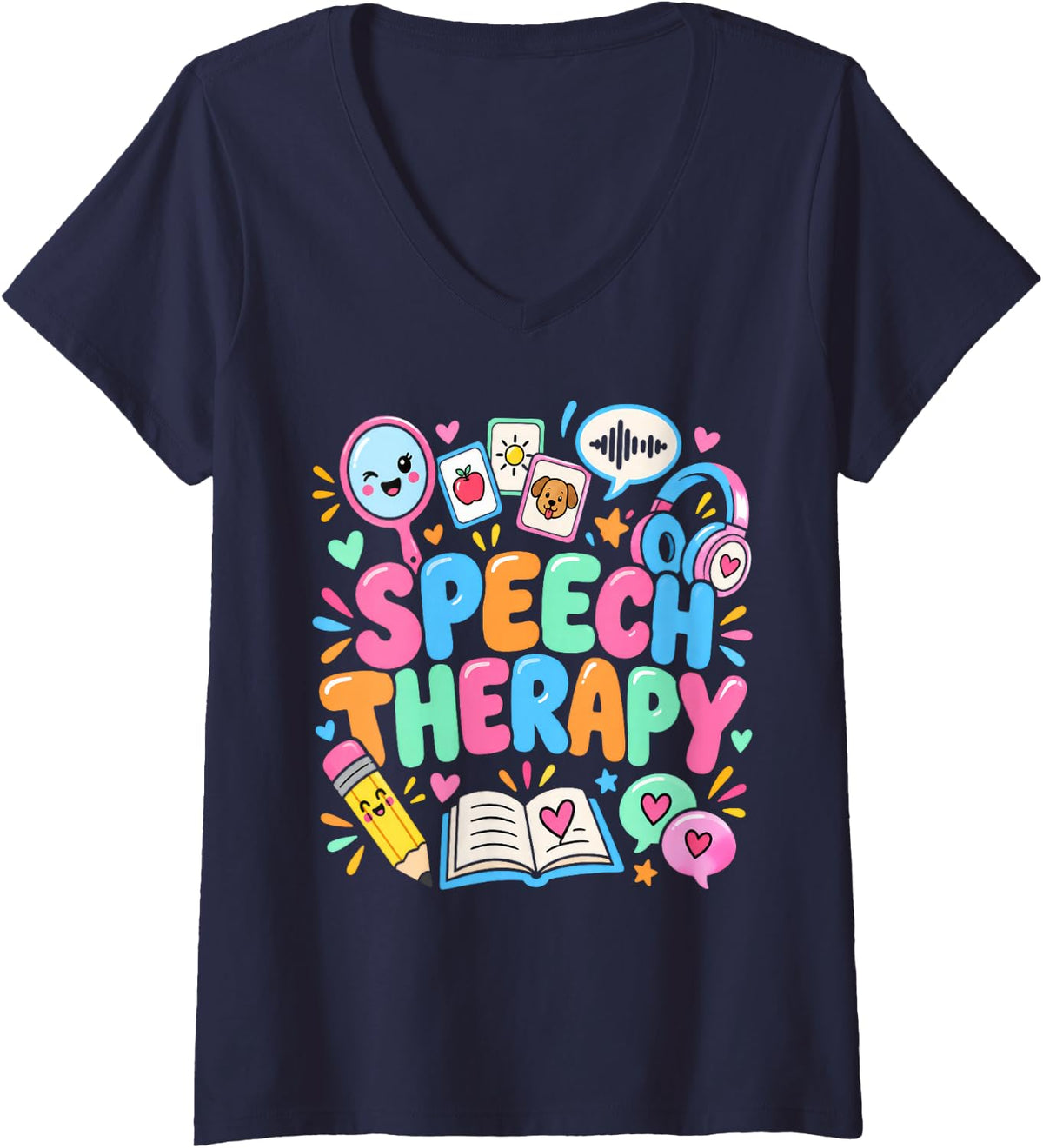 Women's Speech Therapy Communication Language Learning Listening V-Neck T-Shirt - Navy Blue