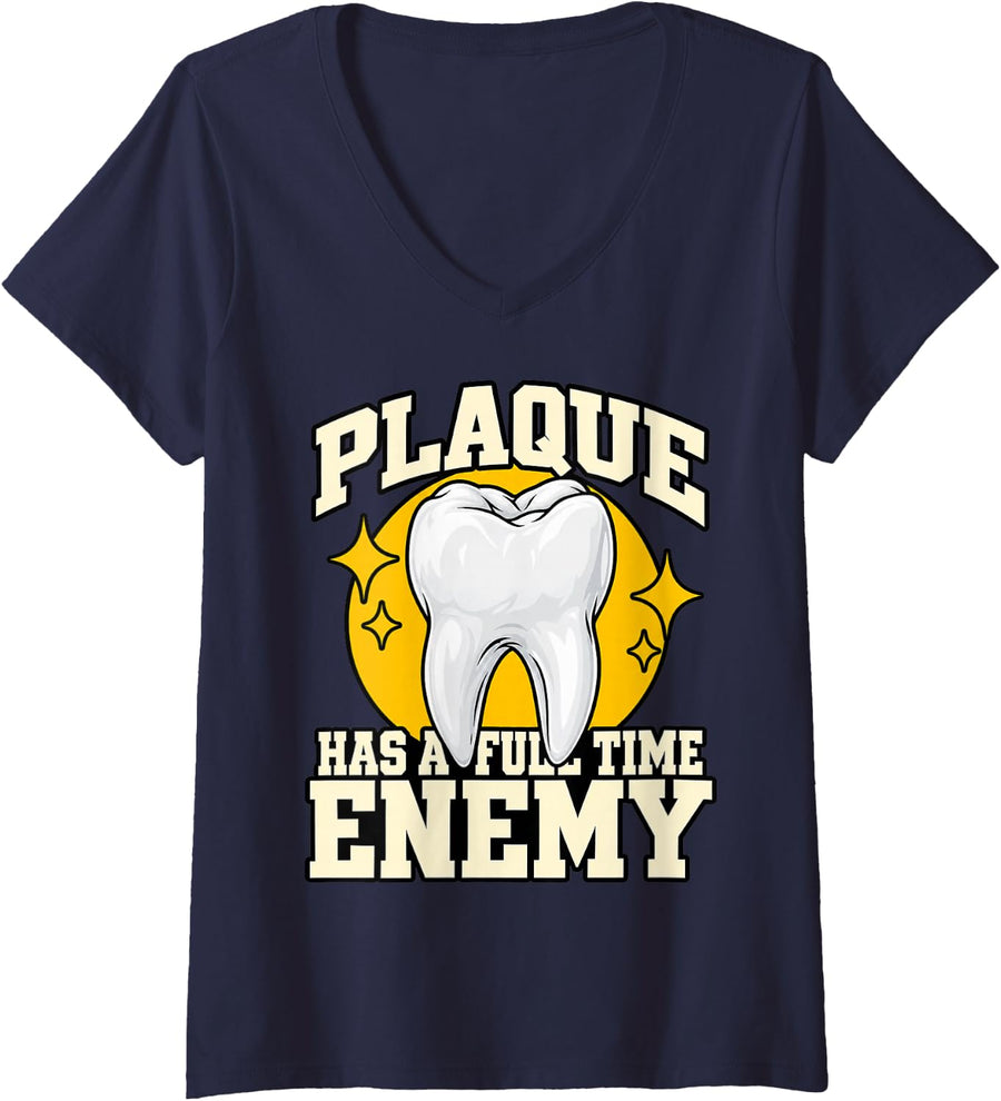 Women's Dental Hygienist Plaque Has A Full Time Enemy Tooth Funny V-Neck T-Shirt - Navy Blue
