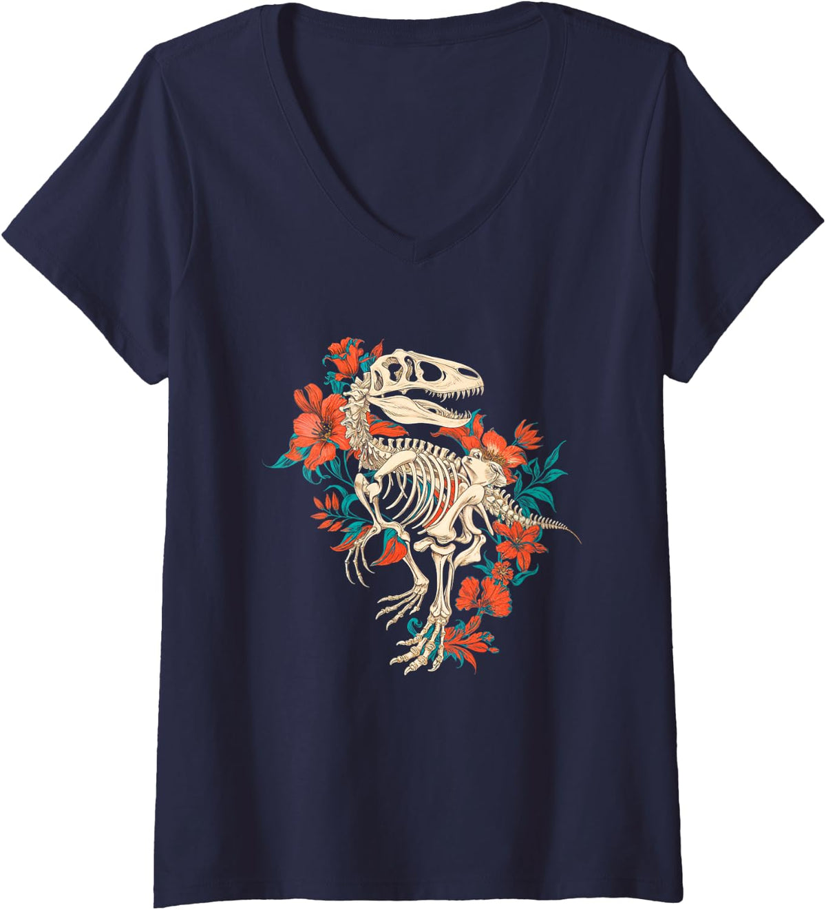 Womens Rex Skeleton Dinosaur Bones Flowers Paleontology V-Neck T-Shirt - Navy Blue