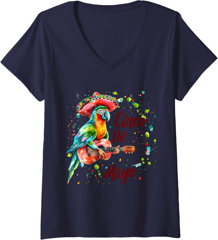 Women's Sombrero Mexican Fiesta Parrot Costume Party Cinco De Mayo V-Neck T-Shirt - Navy Blue