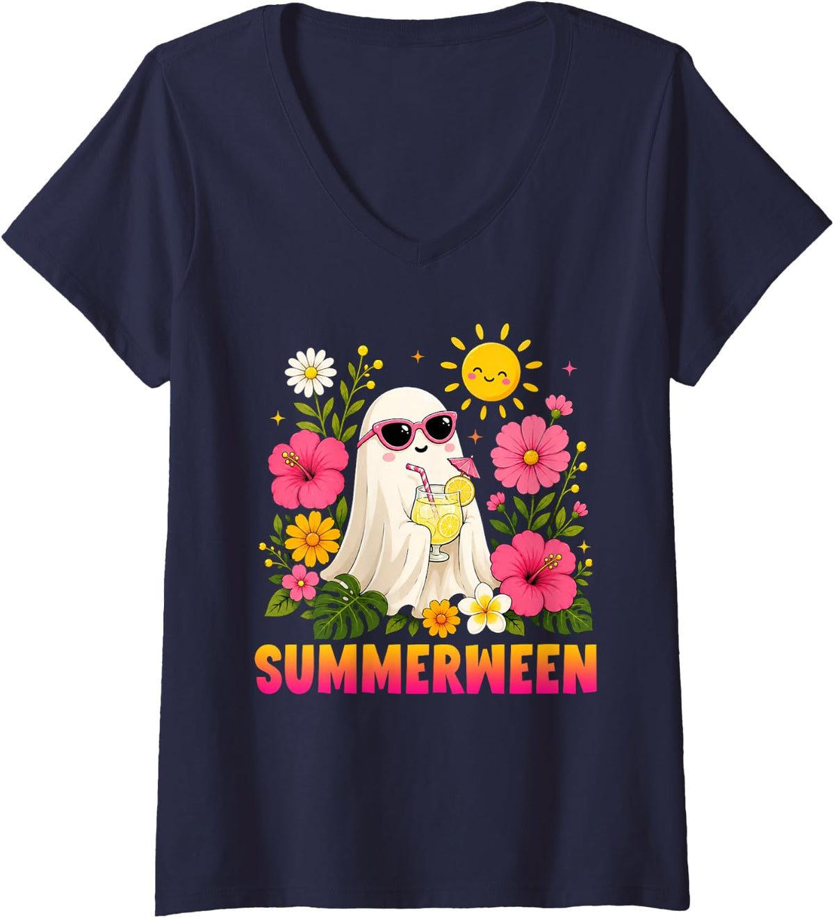 Women's Funny Summerween Cute Spooky Ghost Halloween Beach Summer V-Neck T-Shirt - Navy Blue