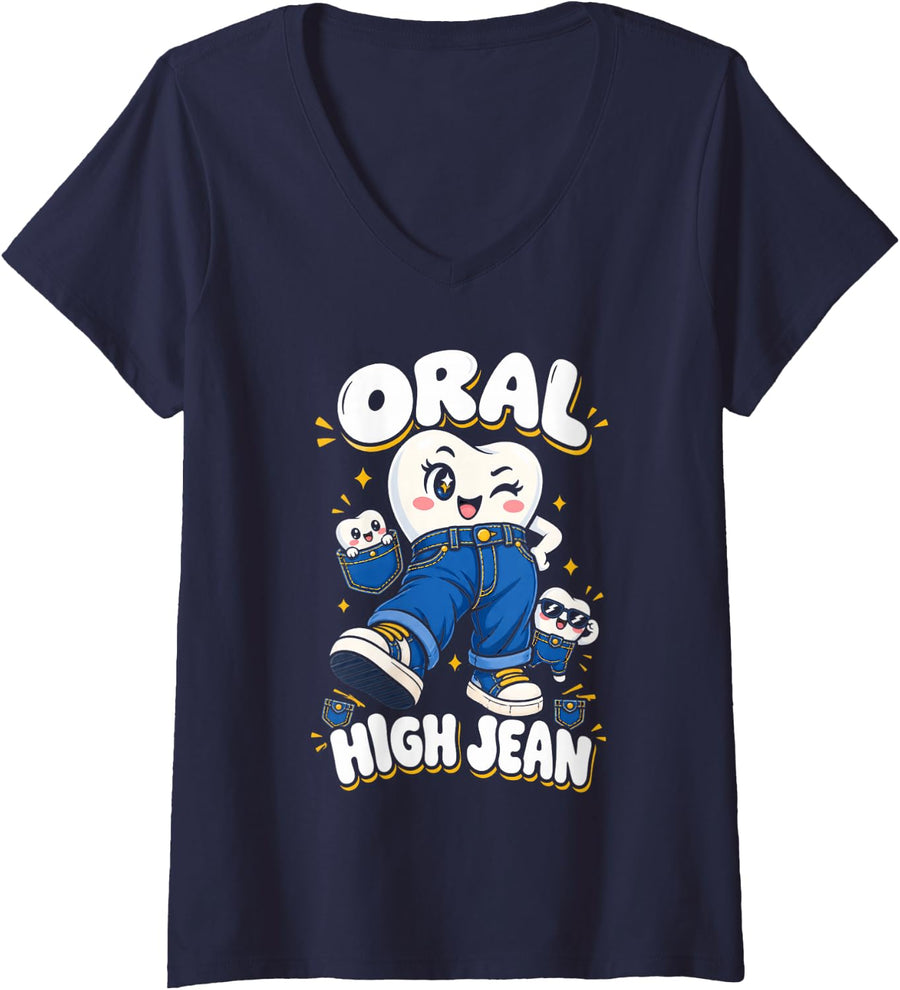 Women's Oral High Jean Funny Dental Pun Cute Tooth Character V-Neck T-Shirt - Navy Blue