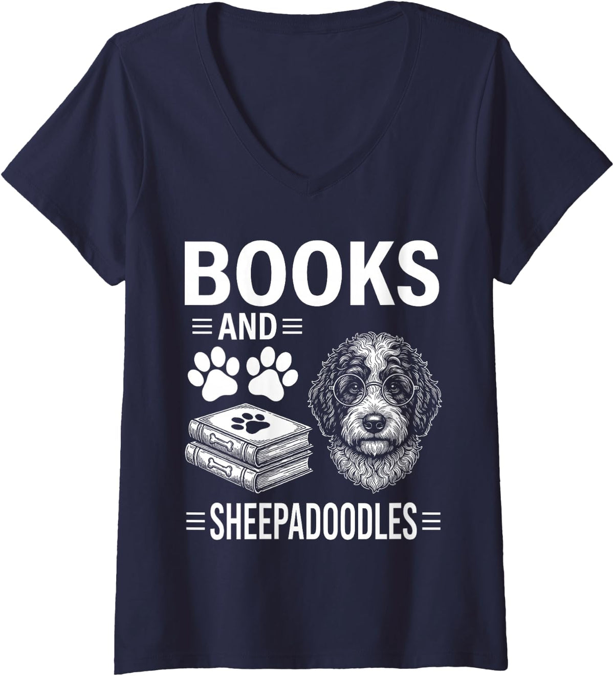 Women's Books and Sheepadoodles Funny Sheepadoodle V-Neck T-Shirt - Navy Blue