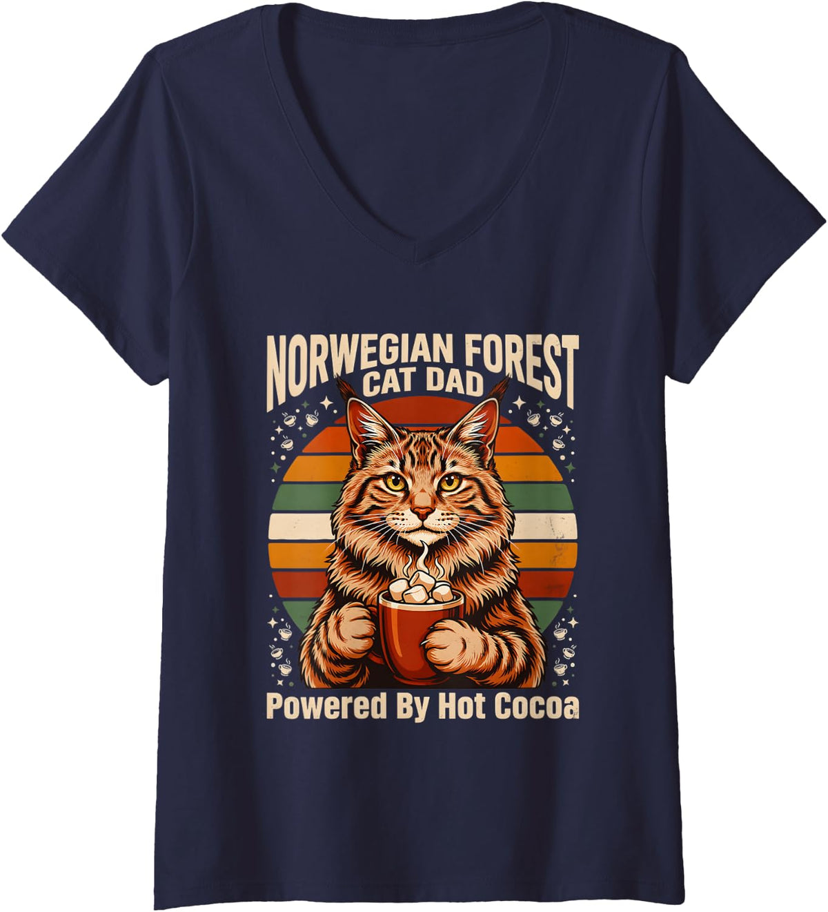 Women's Norwegian Forest Cat Dad Powered By Hot Cocoa V-Neck T-Shirt - Navy Blue