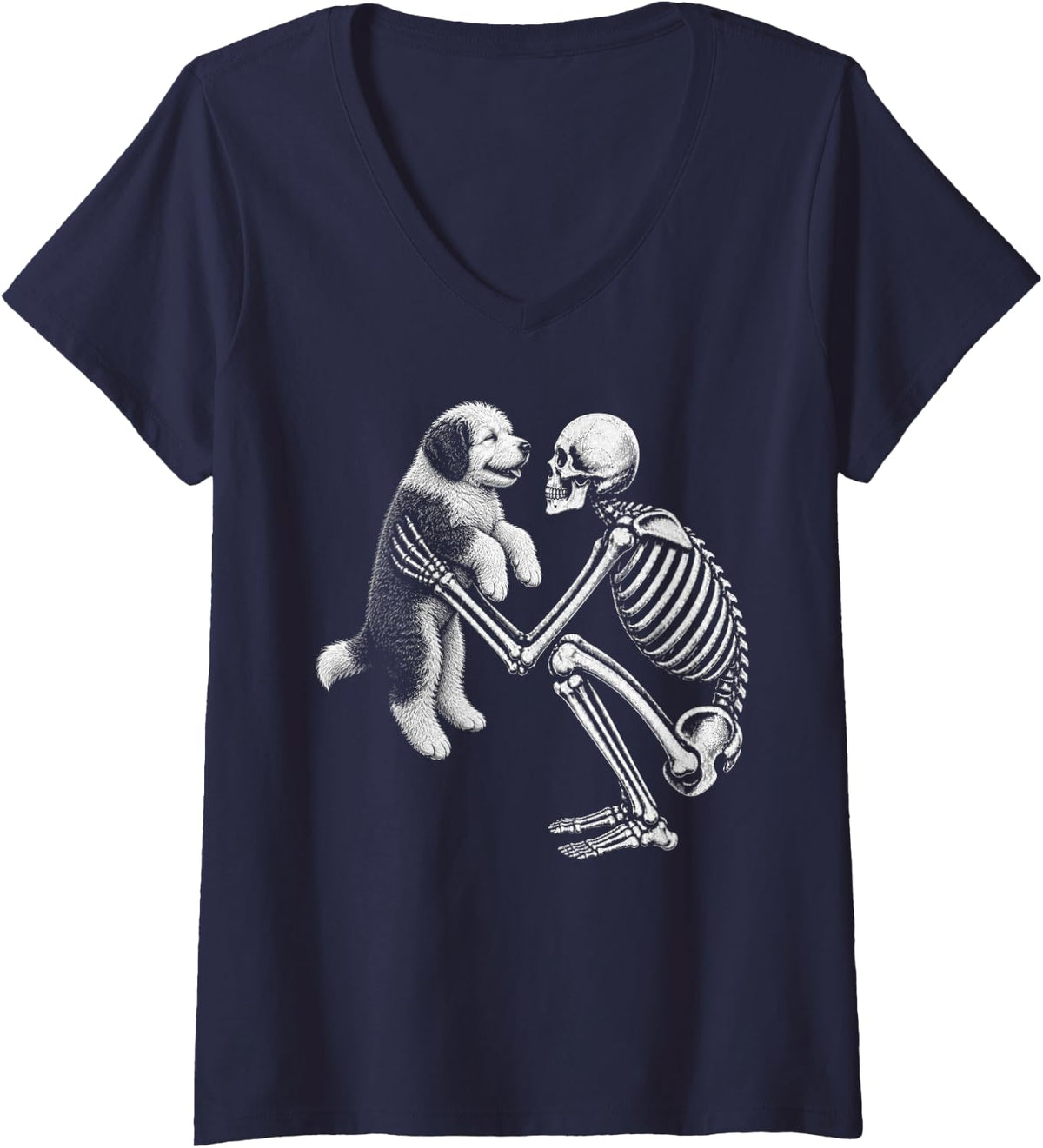 Women's Skeleton Holding Sheepadoodle Retro Halloween Doodle Dog V-Neck T-Shirt - Navy Blue