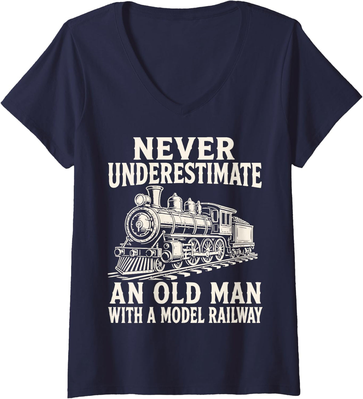 Women's Model Railway Hobby Train Dad Grandpa Railroad V-Neck T-Shirt - Navy Blue