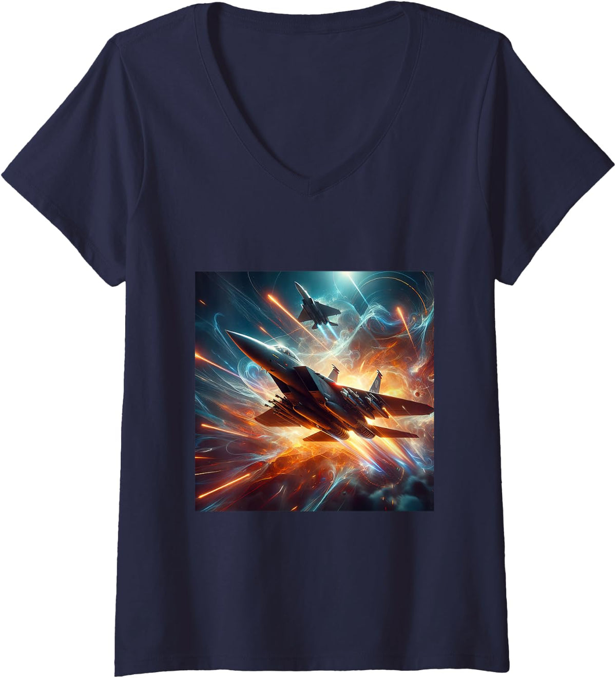 Women's F15 Eagle Fighter Jet Military Aircraft V-Neck T-Shirt - Navy Blue