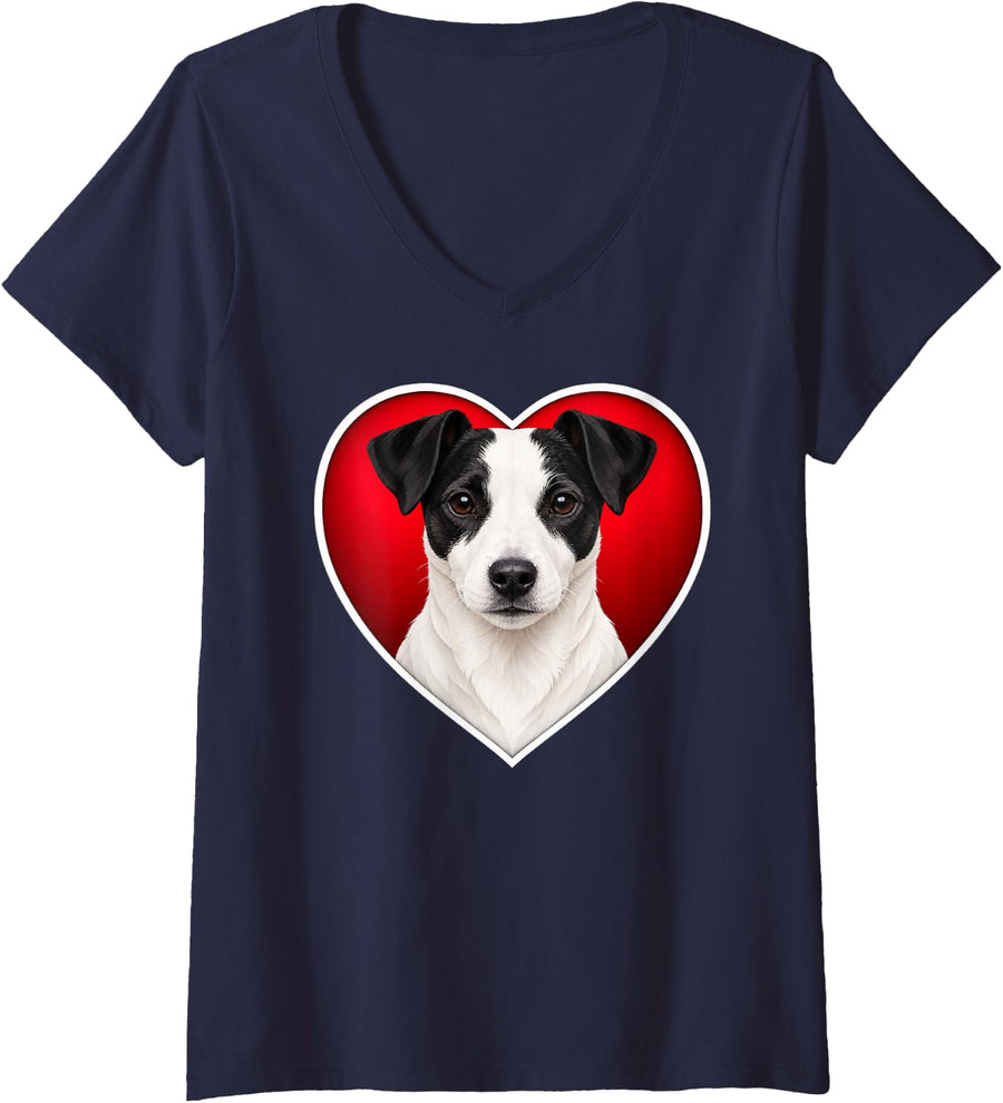 Women's White and Black Coated Jack Russell Terrier Heart V-Neck T-Shirt - Navy Blue