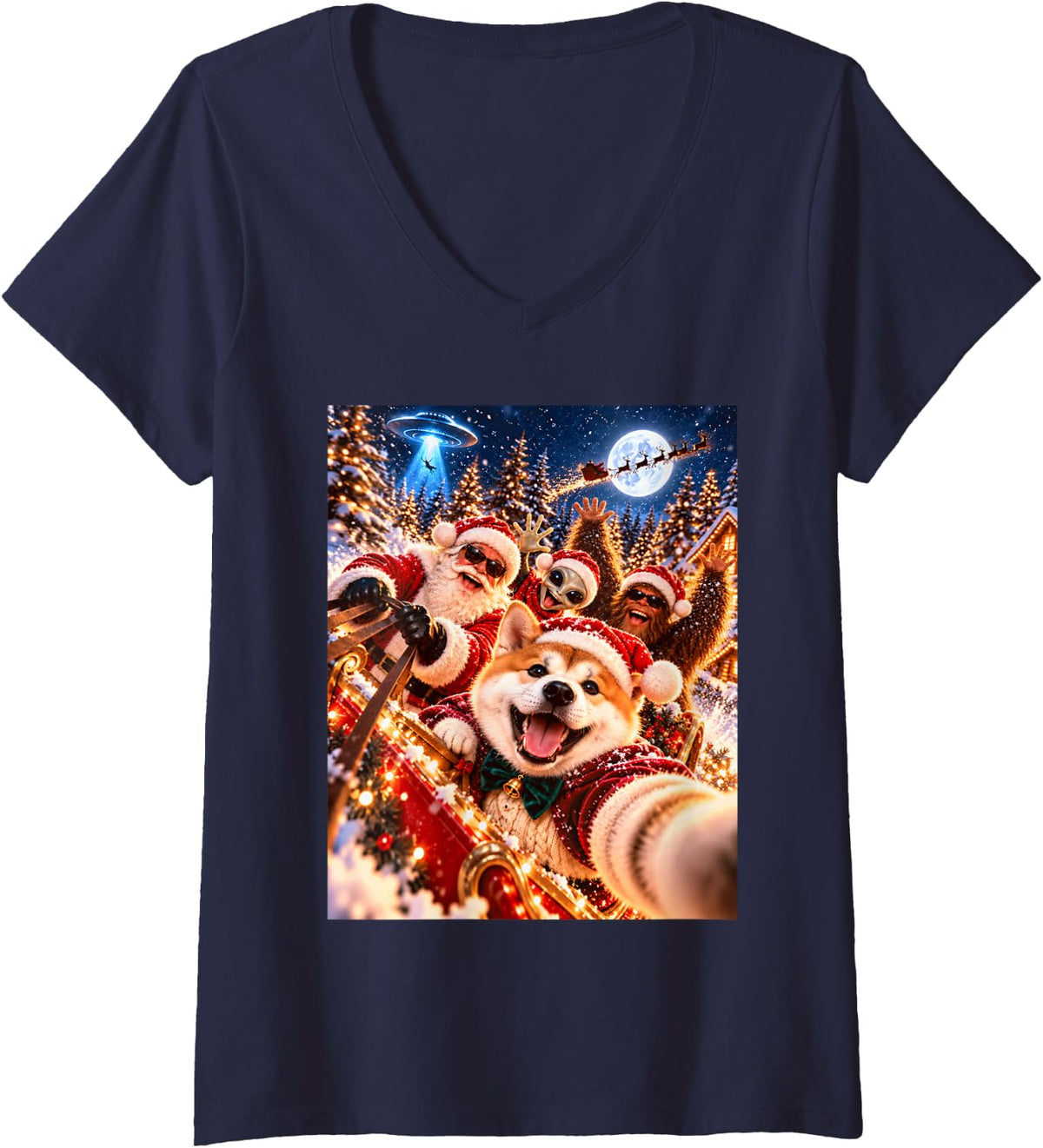 Women's Surprised Akita Santa Christmas Selfie UFO Graphic V-Neck T-Shirt - Navy Blue