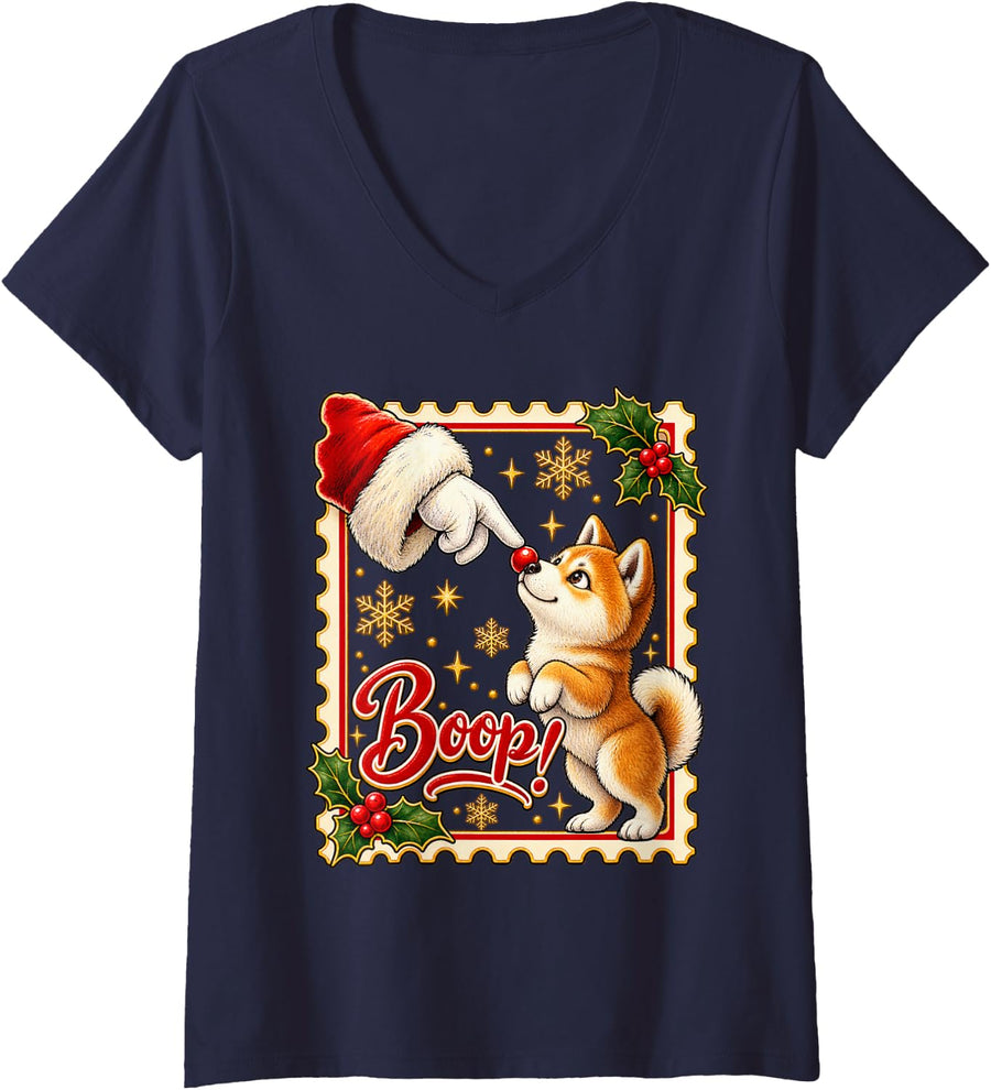 Women's Boop! Akita Sweet Christmas Nose Boop V-Neck T-Shirt - Navy Blue