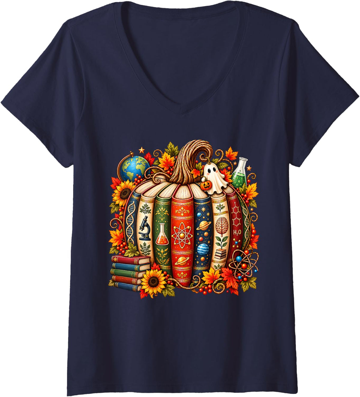Women's Science Teacher Ghost Halloween Fall Pumpkin STEM V-Neck T-Shirt - Navy Blue