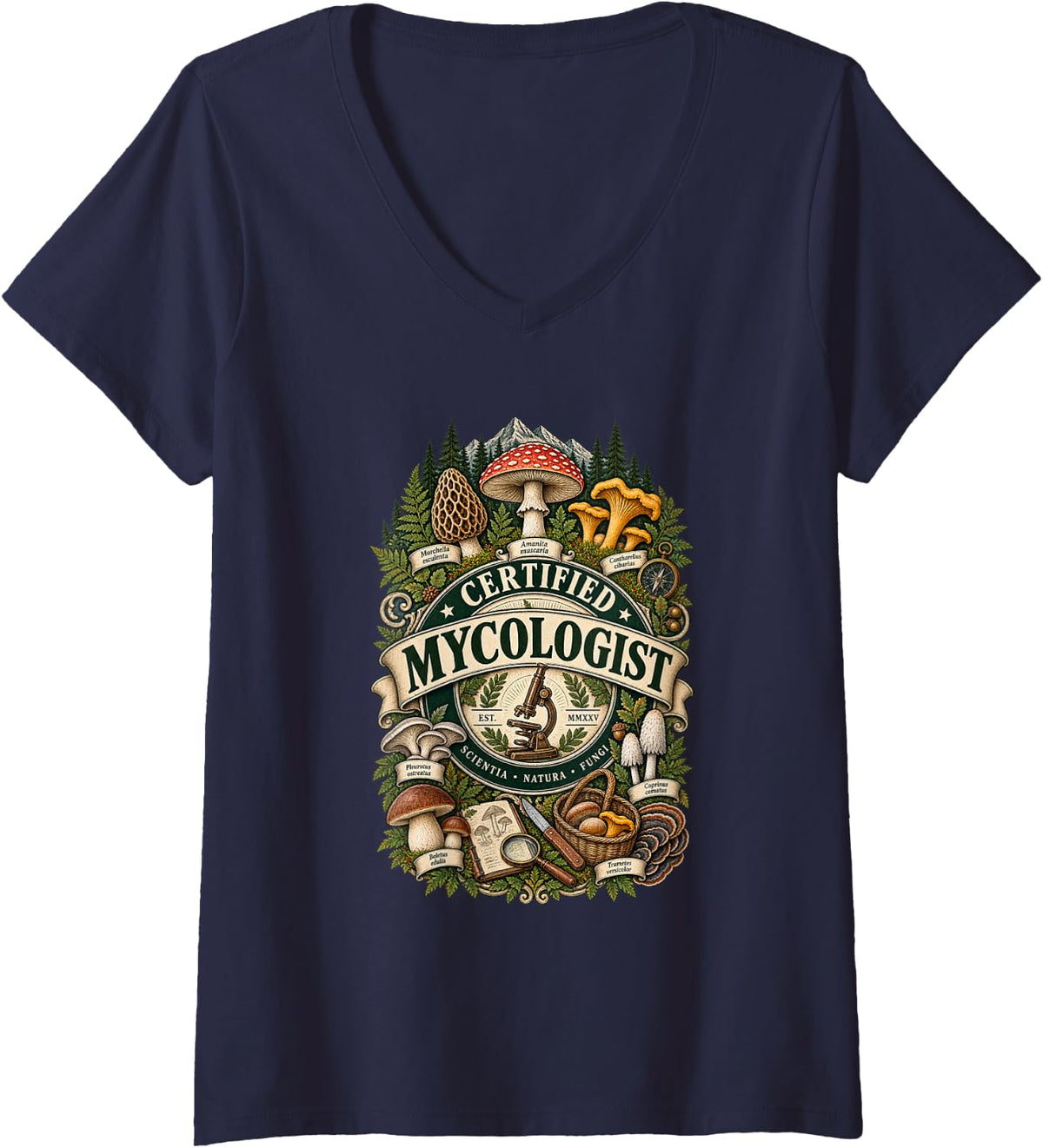Women's Certified Mycologist Mushroom Chanterelle Mycology Shirt V-Neck T-Shirt - Navy Blue
