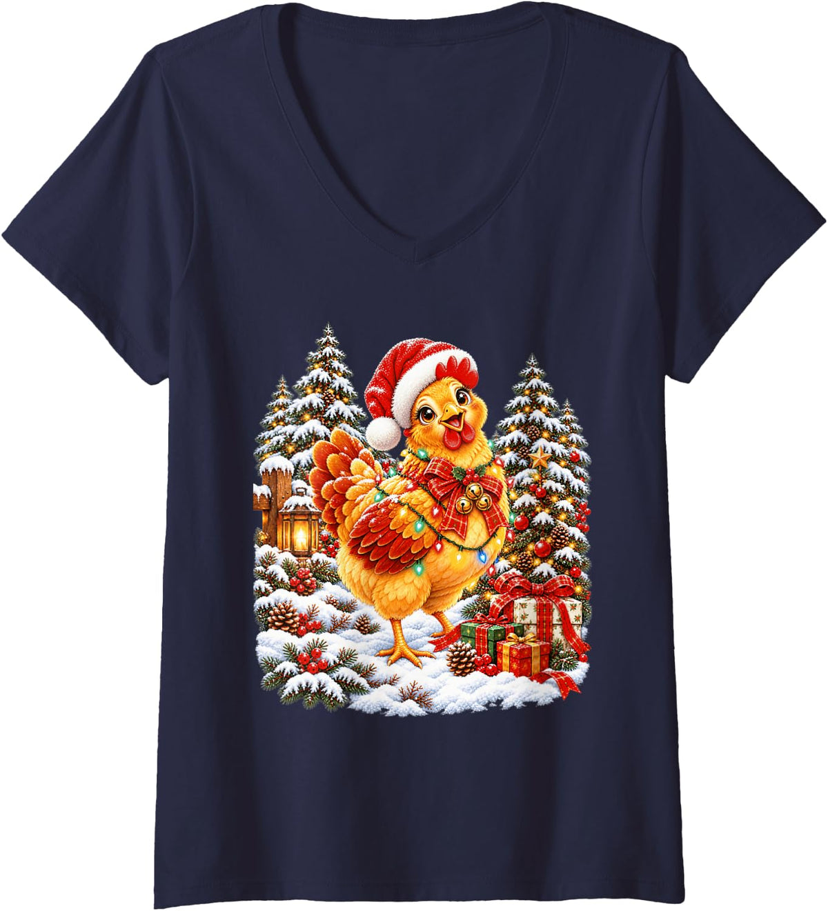 Women's Happy Chicken Christmas Santa Snow Scene V-Neck T-Shirt - Navy Blue