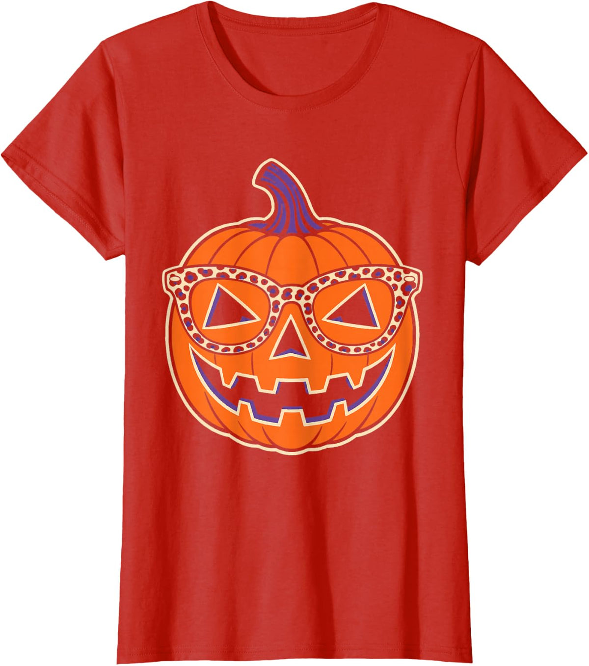 Halloween Jack O Lantern Leopard Print Glasses Vintage T-Shirt - Red