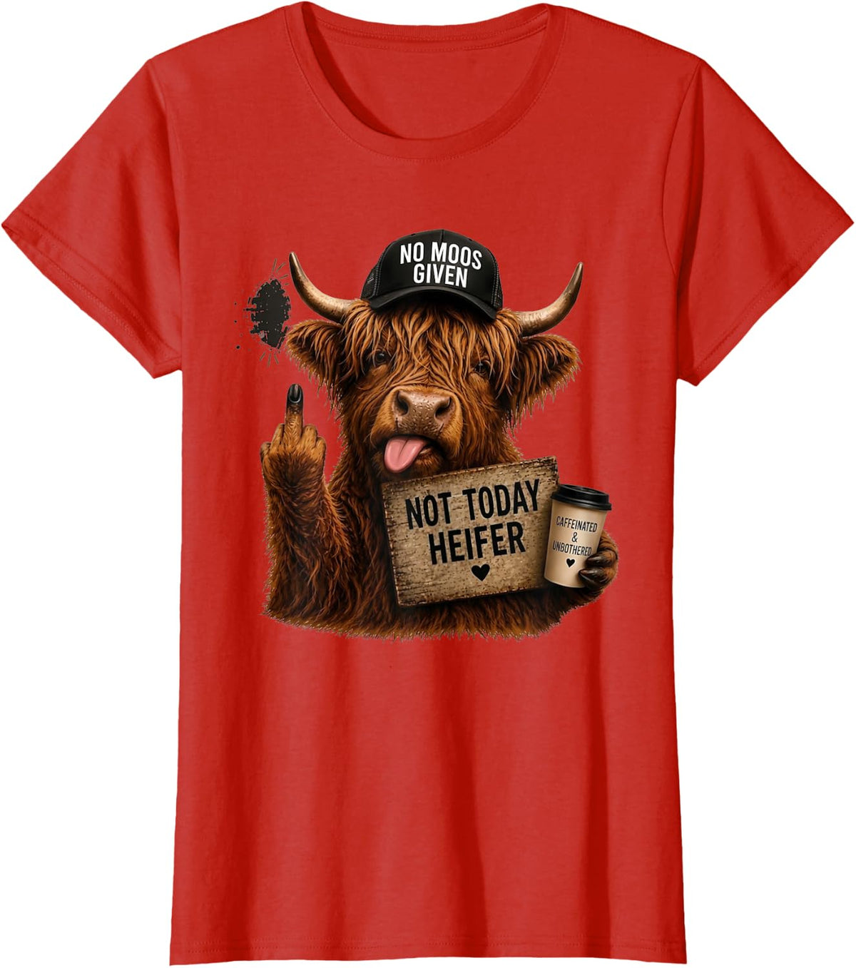 Highland Cow Middle Finger Not Today Heifer T-Shirt - Red