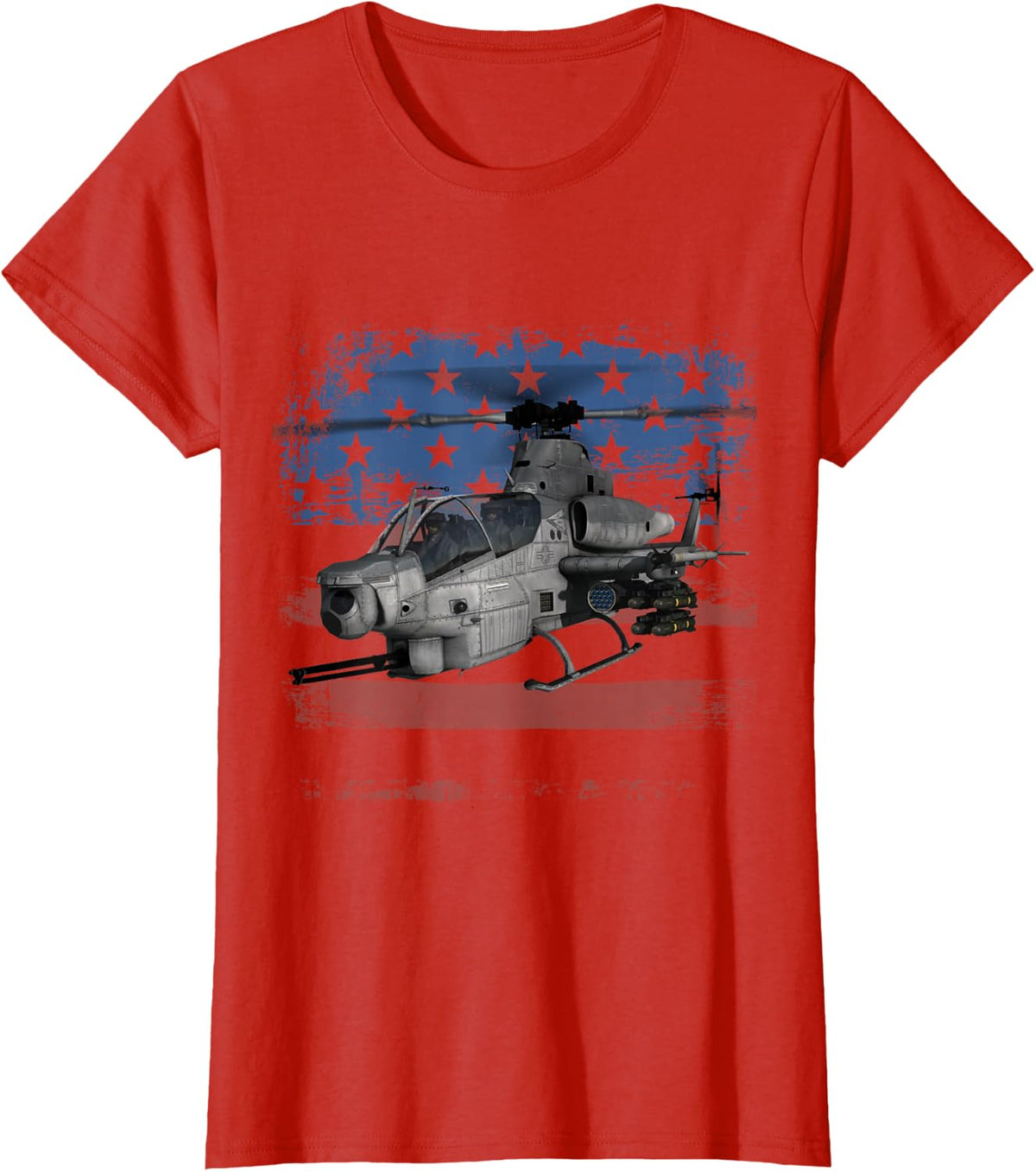 AH-1 Cobra Attack Helicopter Military Distressed US Flag T-Shirt - Red